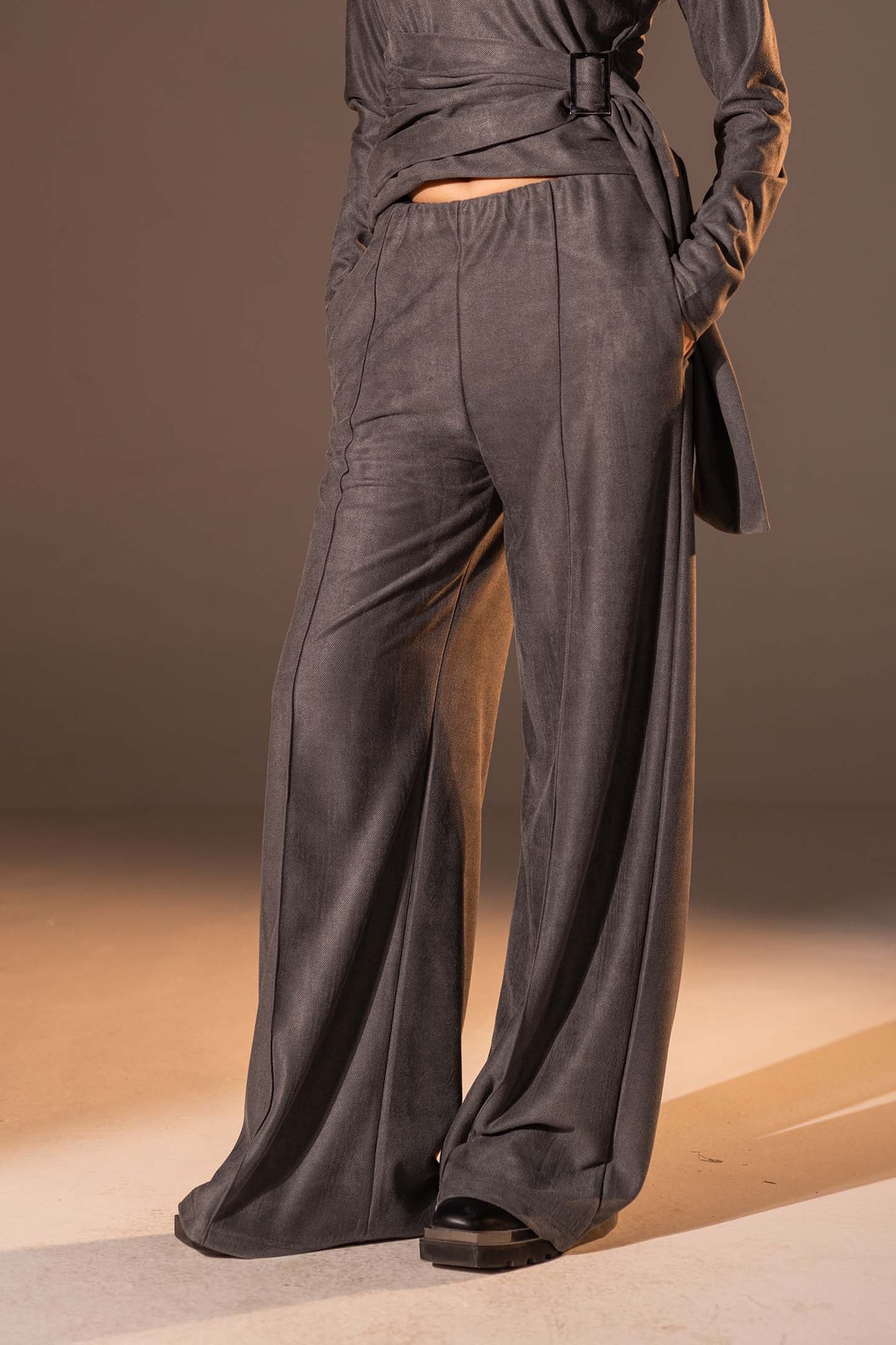 Grey Wide-Leg Textured Pants
