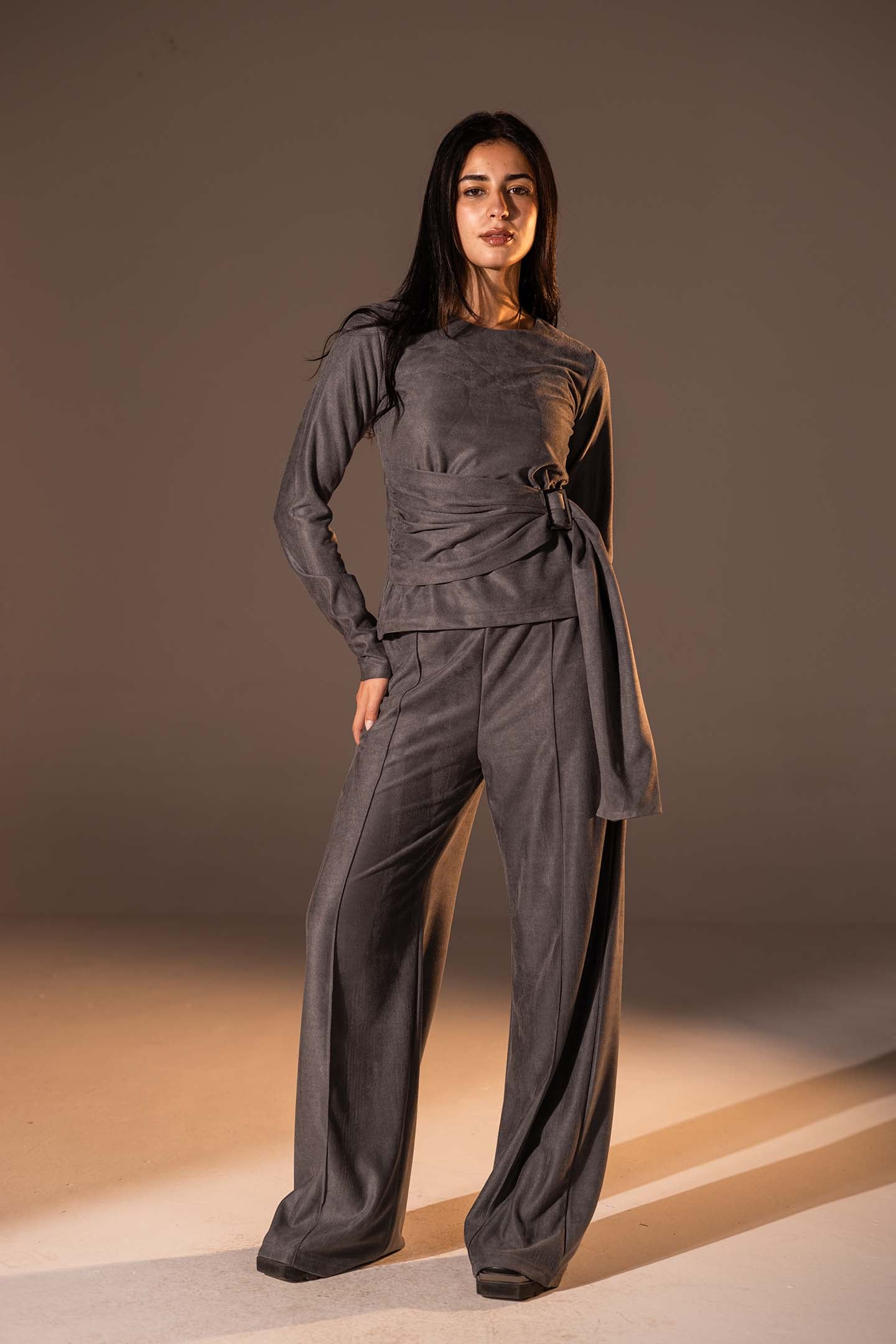 Grey Wide-Leg Textured Pants