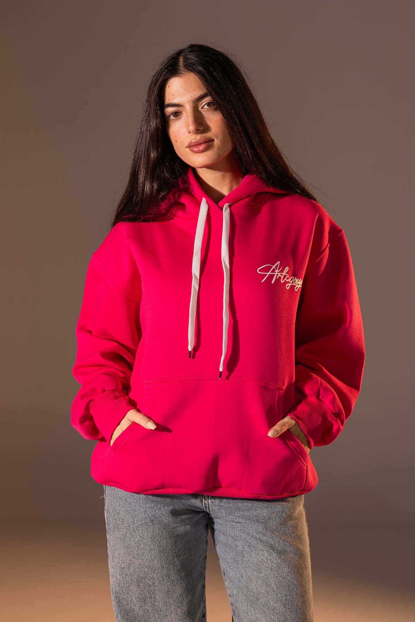 هودي واسع بطبعة تصميم بلون فوشيا زاهي