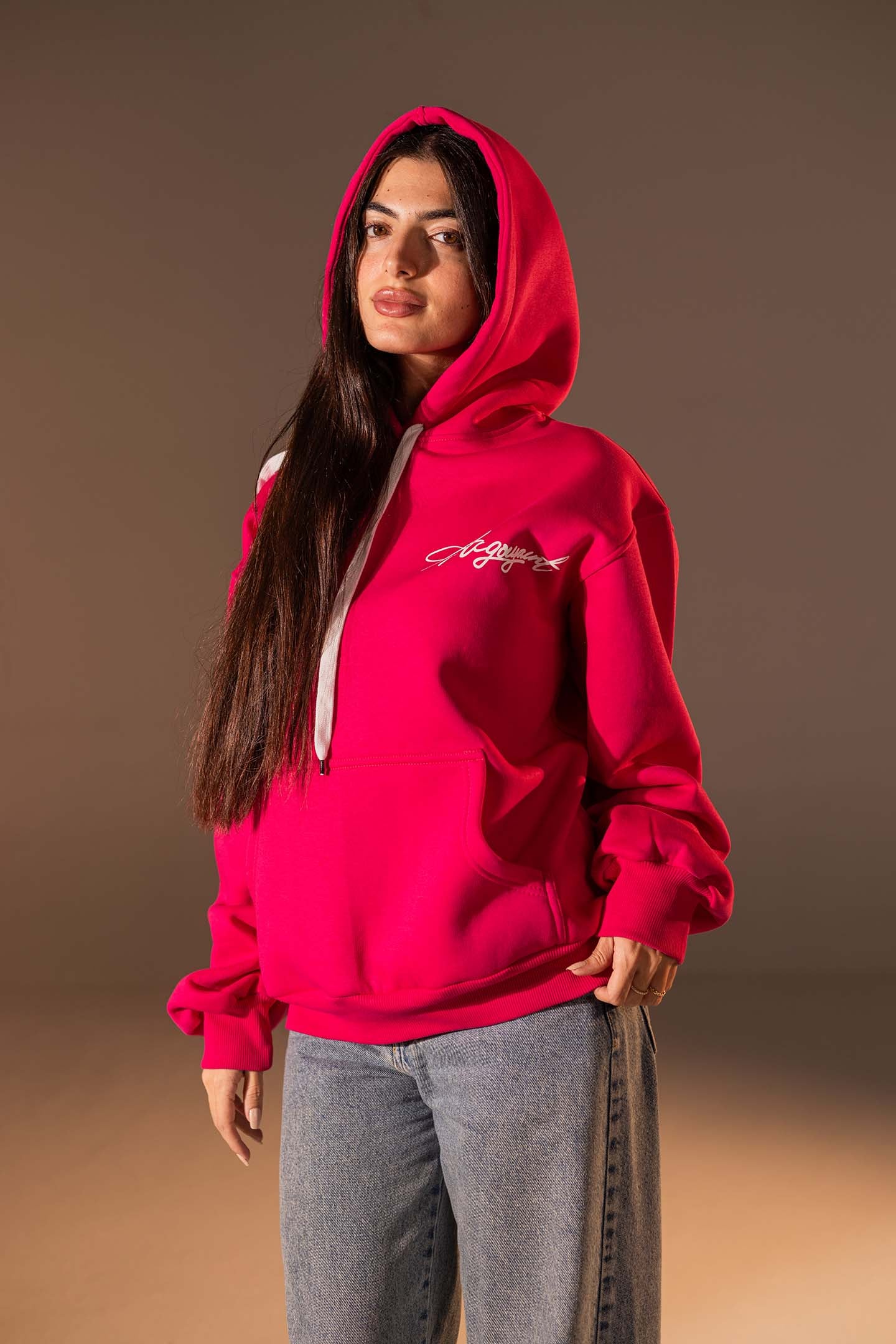 هودي واسع بطبعة تصميم بلون فوشيا زاهي