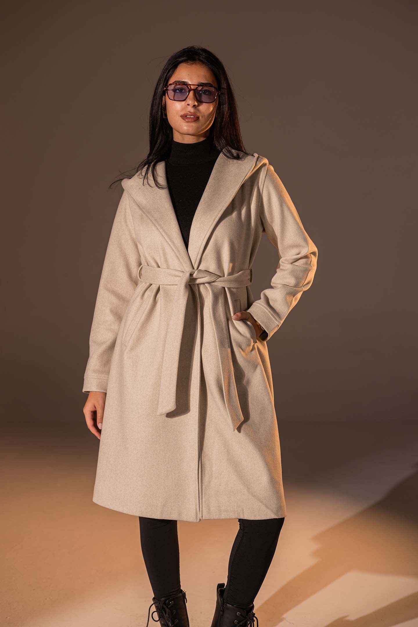 Beige Belted Wool Coat