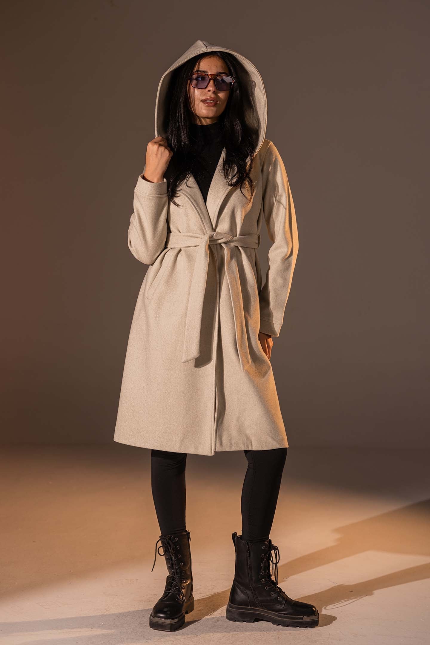 Beige Belted Wool Coat