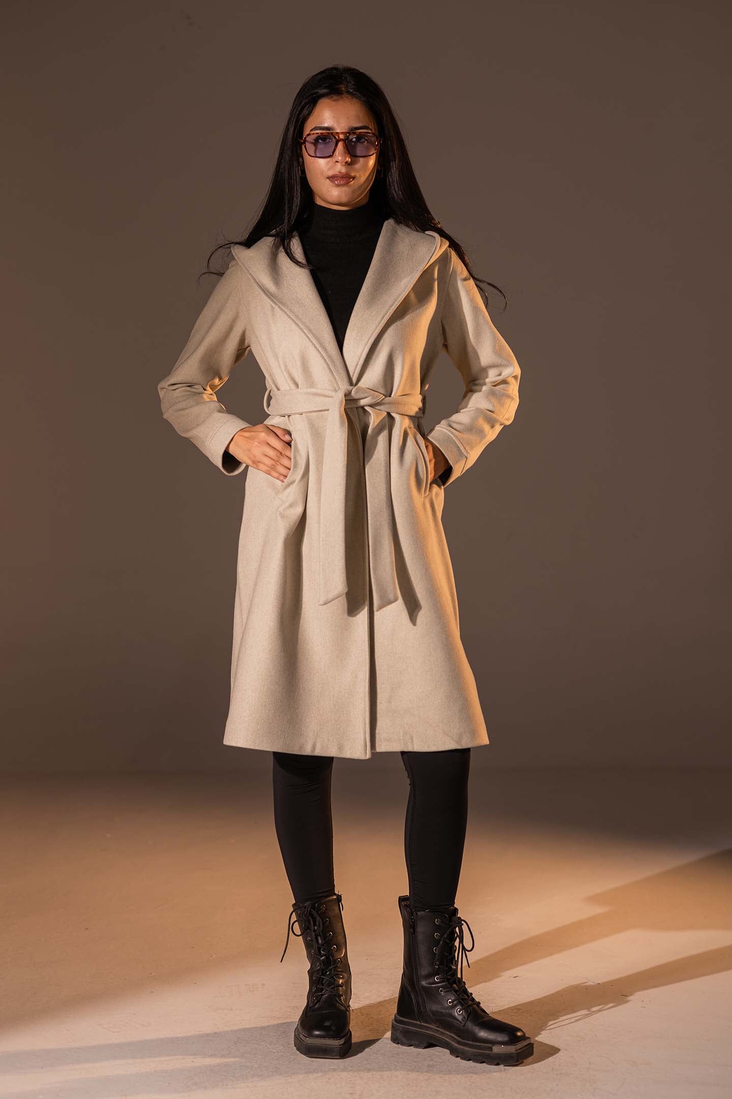 Beige Belted Wool Coat