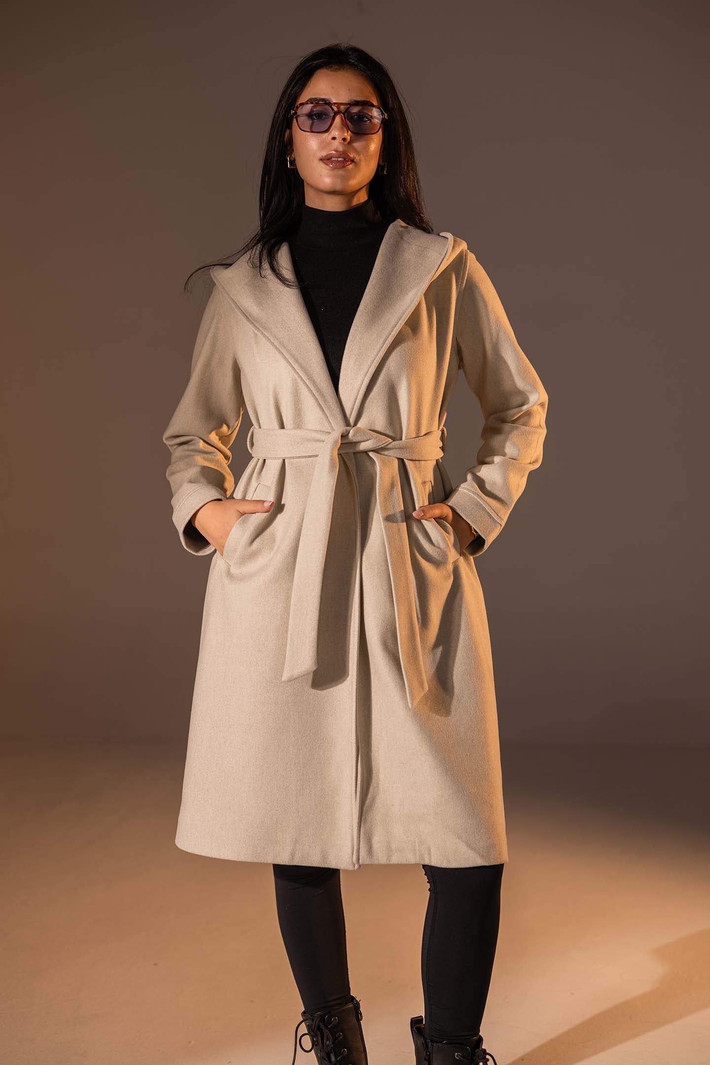 Beige Belted Wool Coat