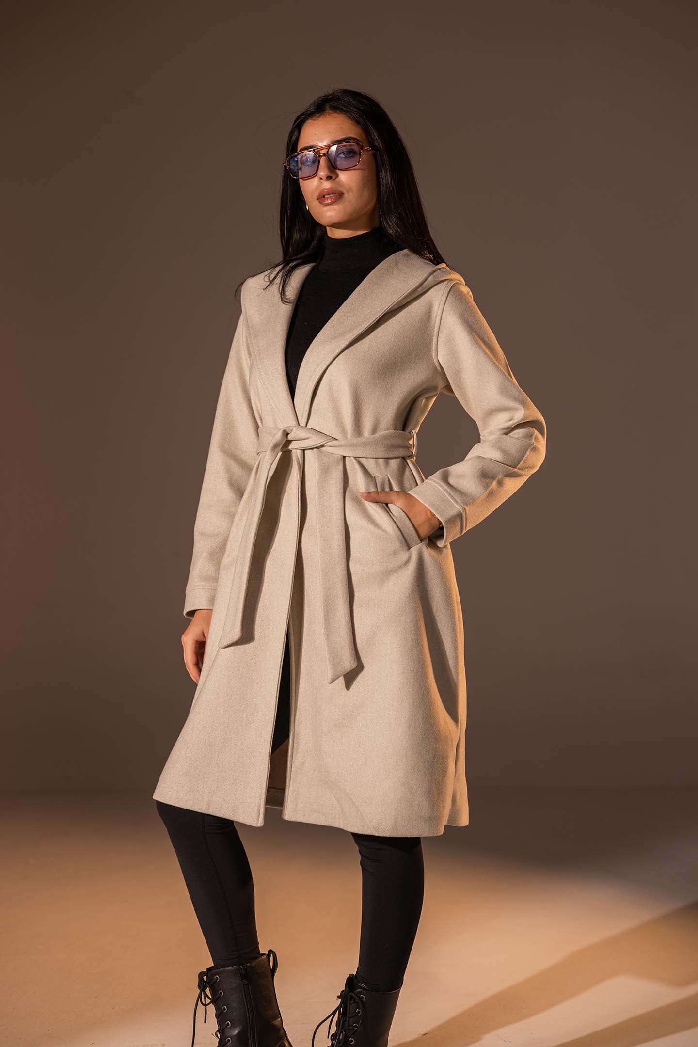 Beige Belted Wool Coat