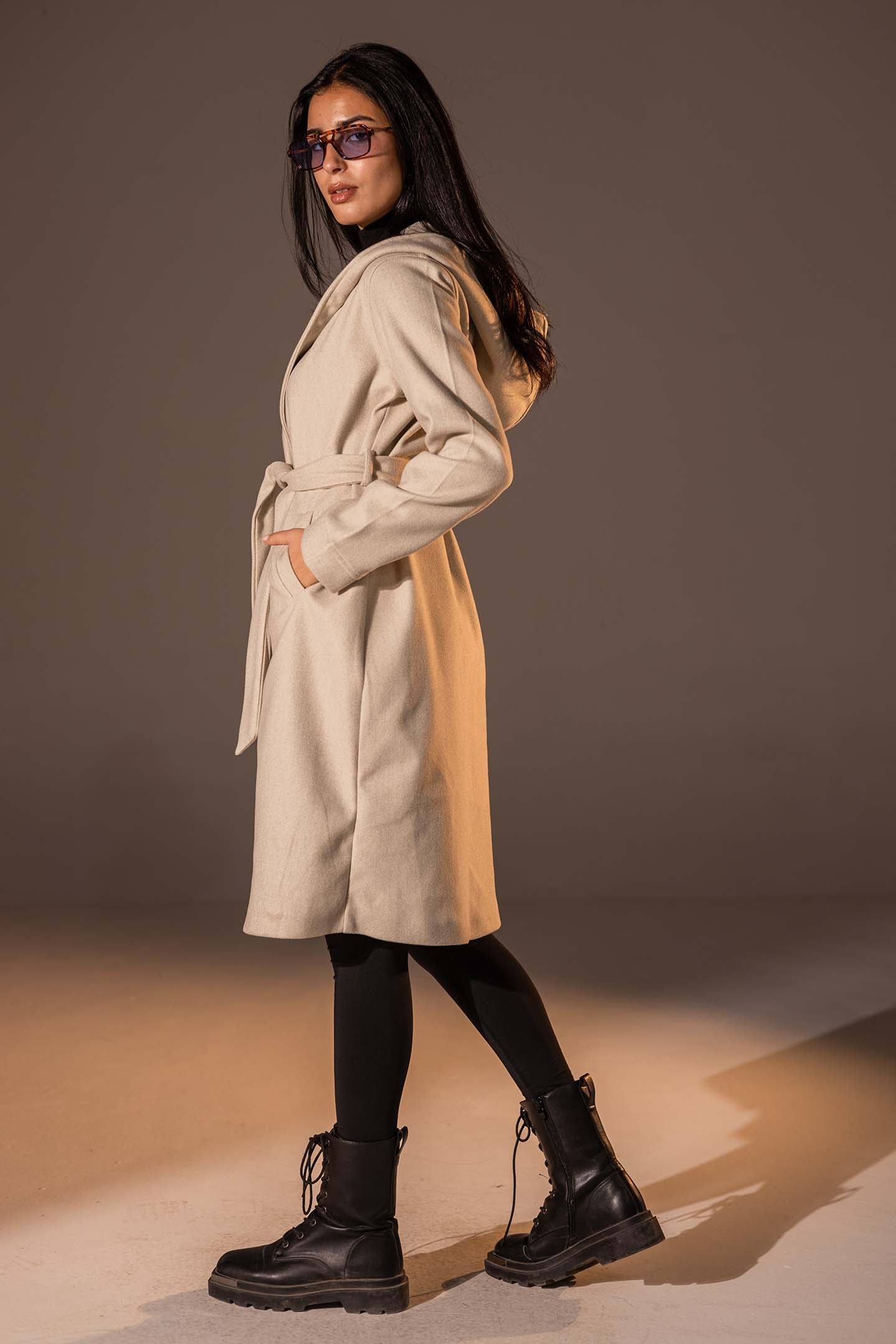 Beige Belted Wool Coat