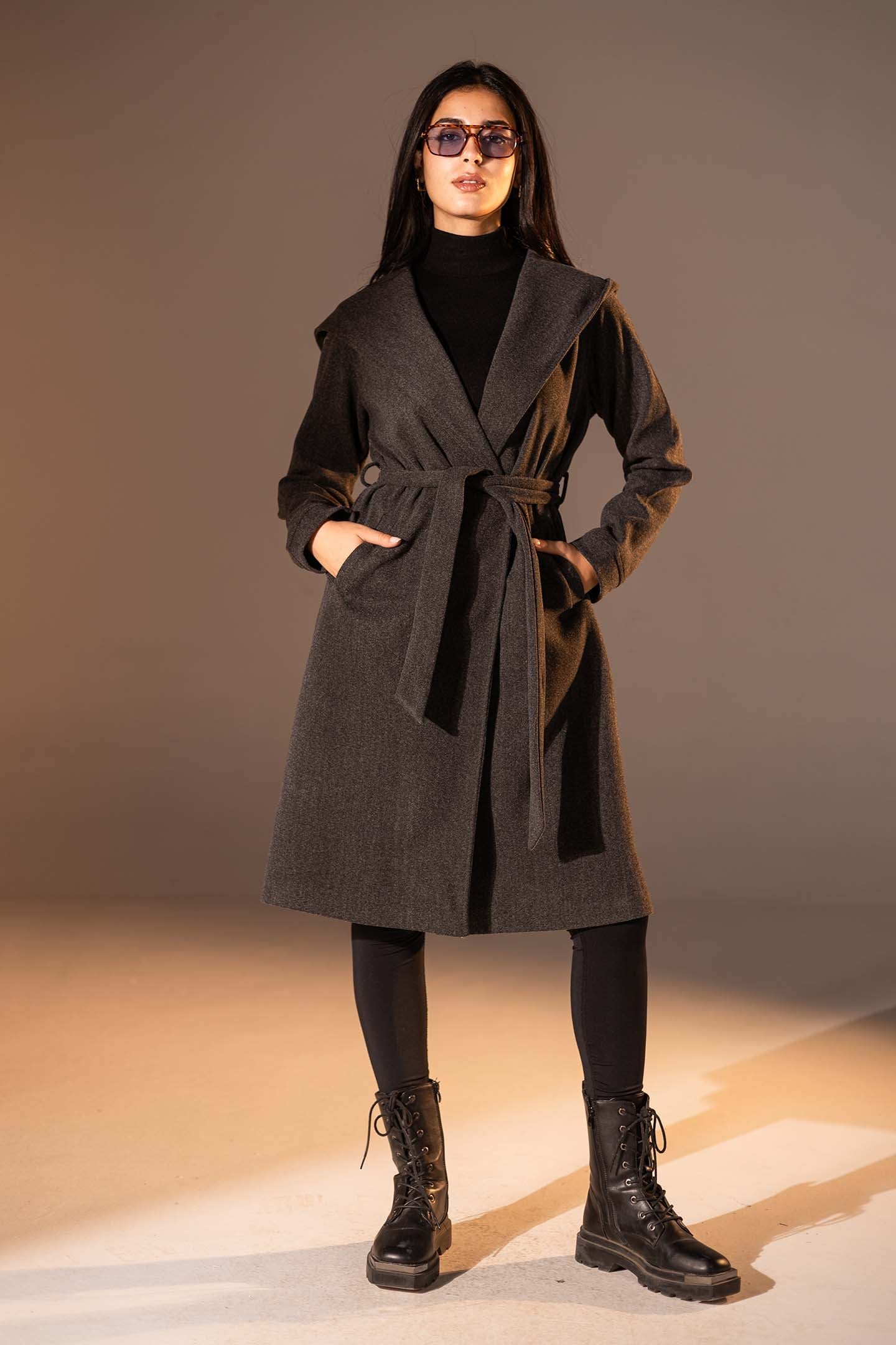 Dark Grey Belted Wool Coat
