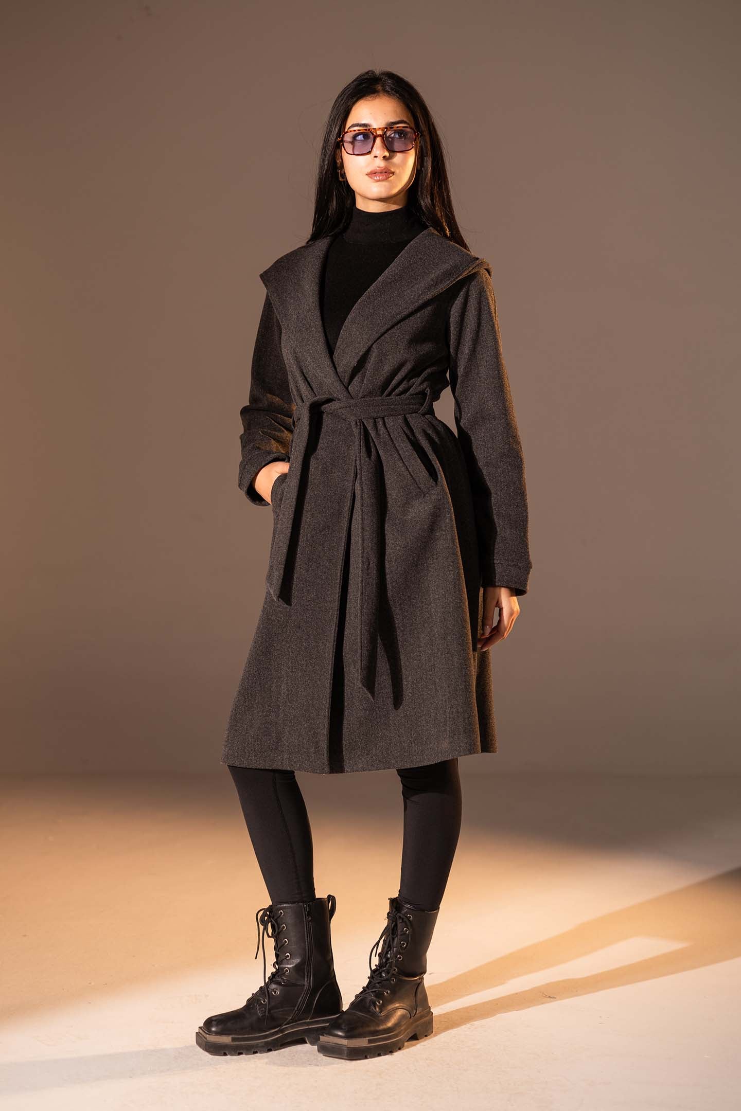 Dark Grey Belted Wool Coat