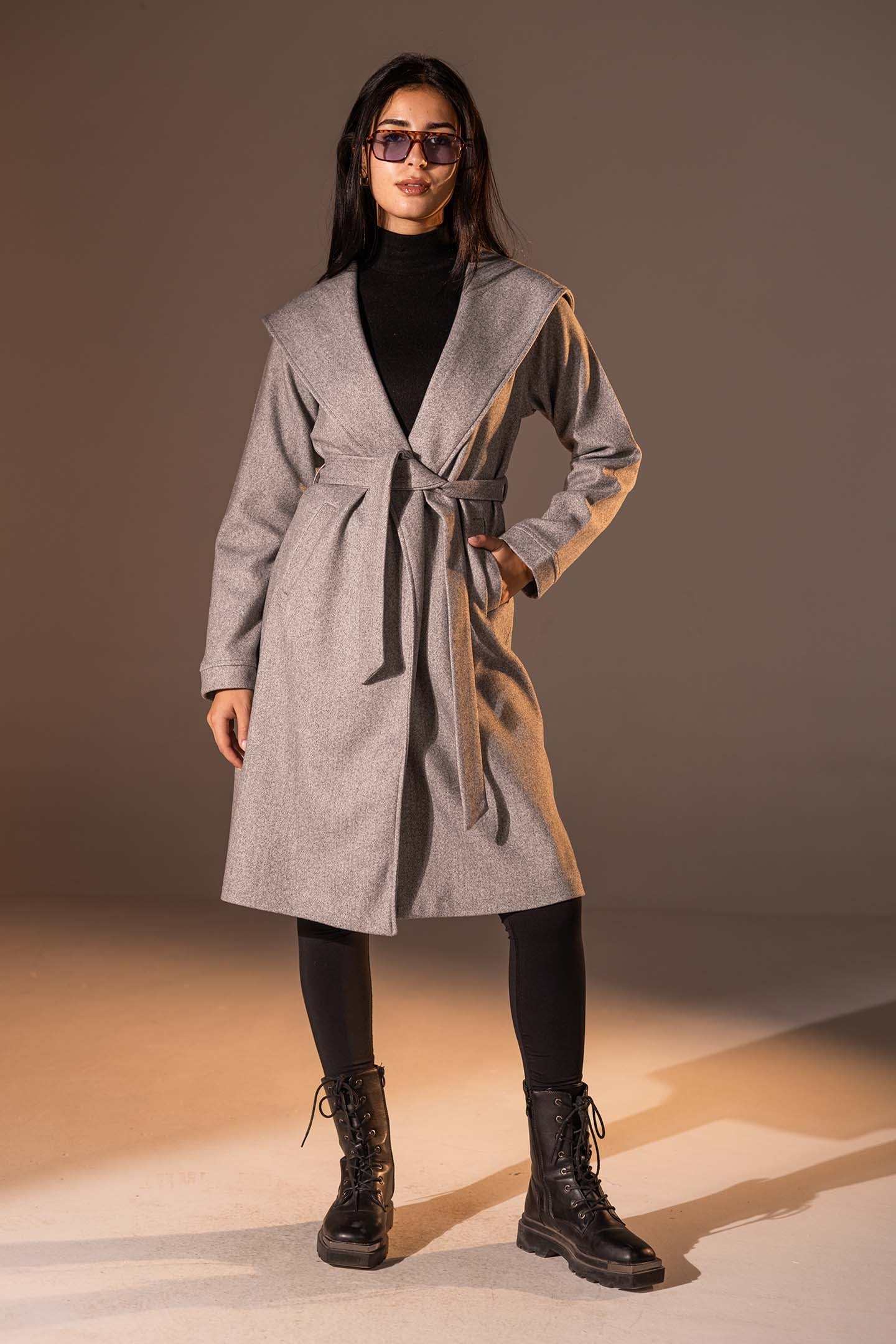 Grey Belted Wool Coat