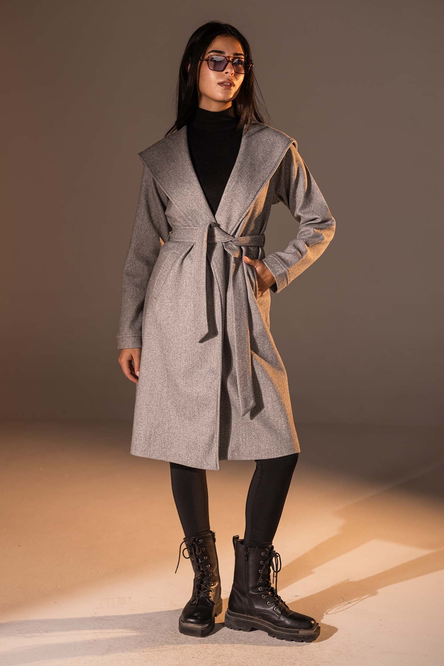 Grey Belted Wool Coat