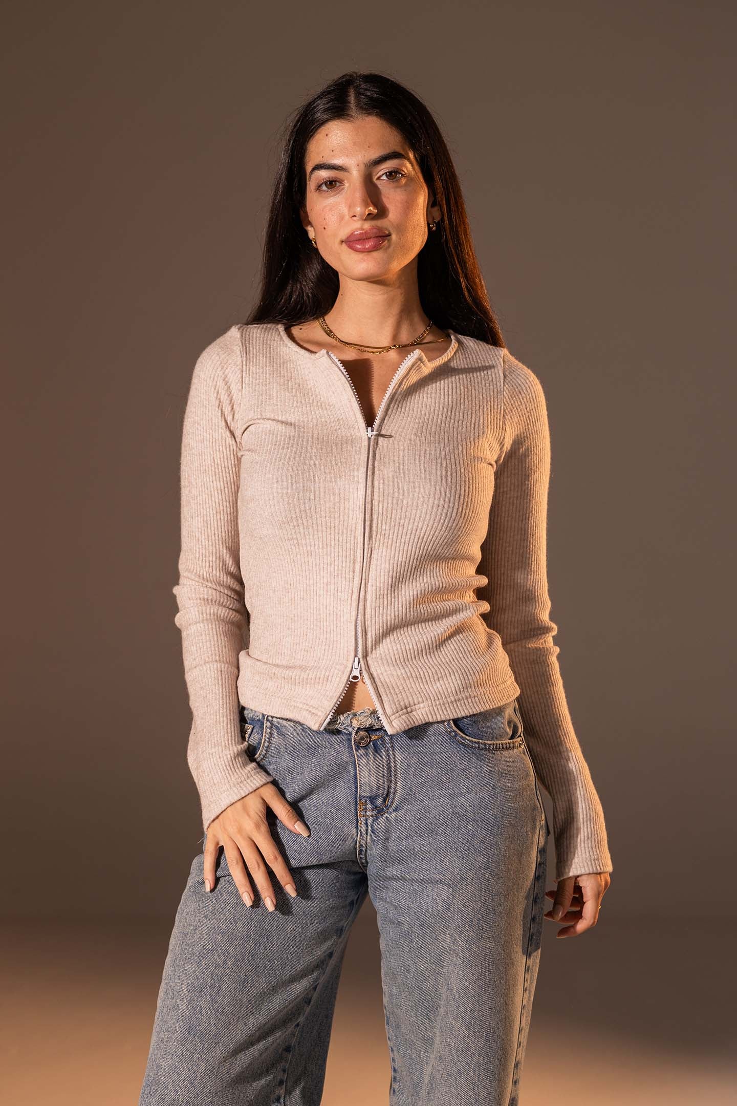 Beige Slim Fit Zip Knit Top