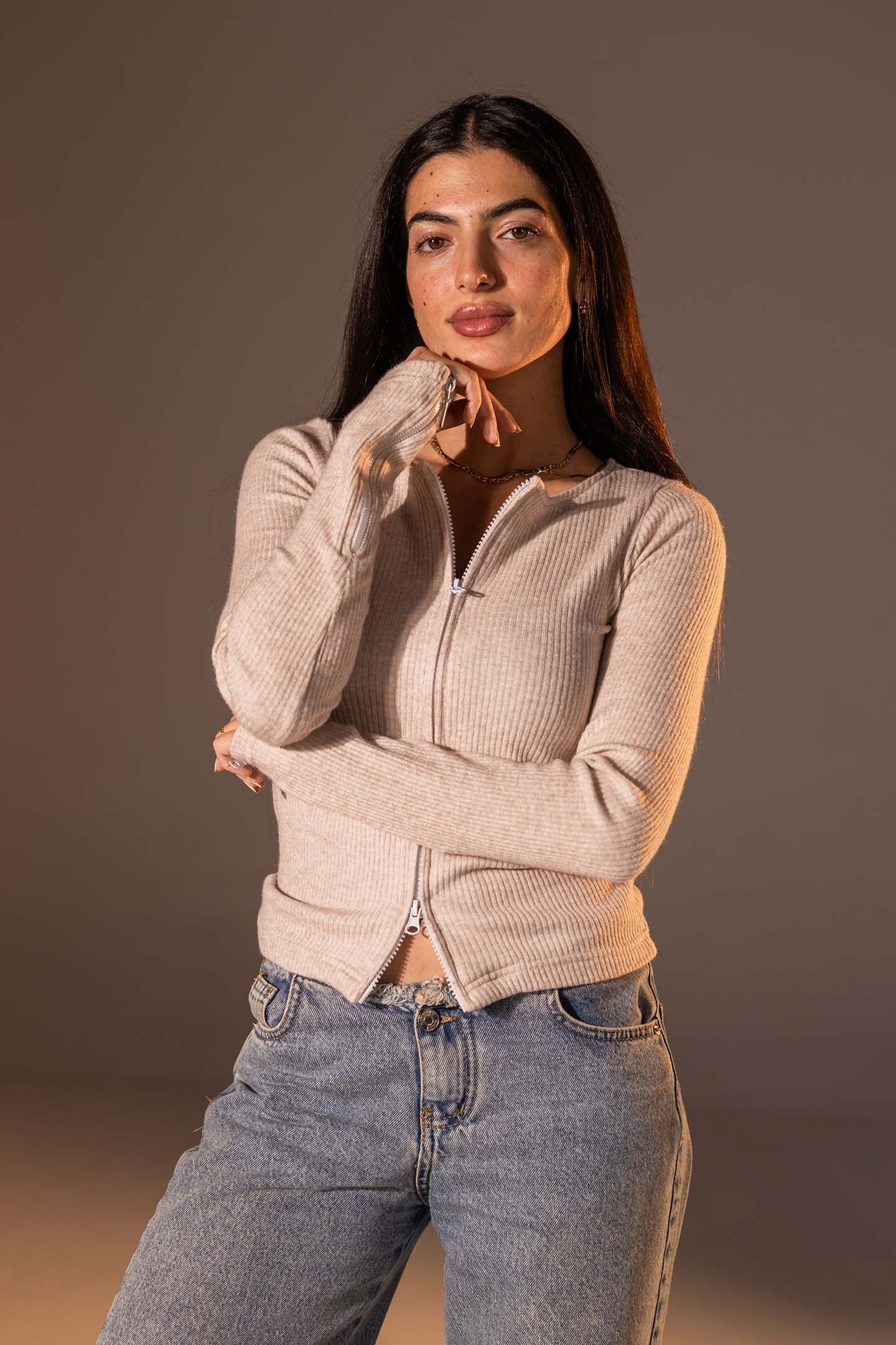 Beige Slim Fit Zip Knit Top