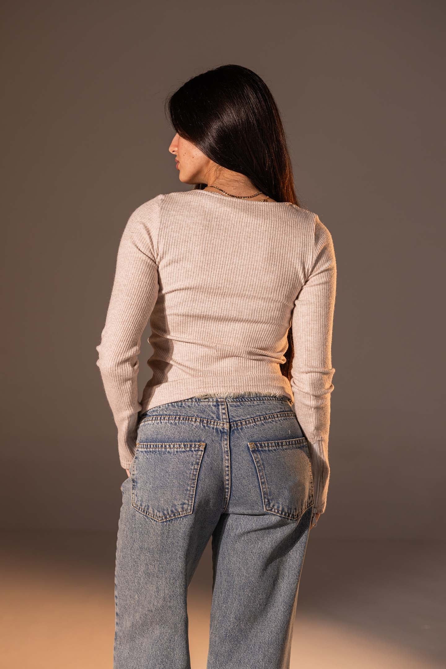 Beige Slim Fit Zip Knit Top