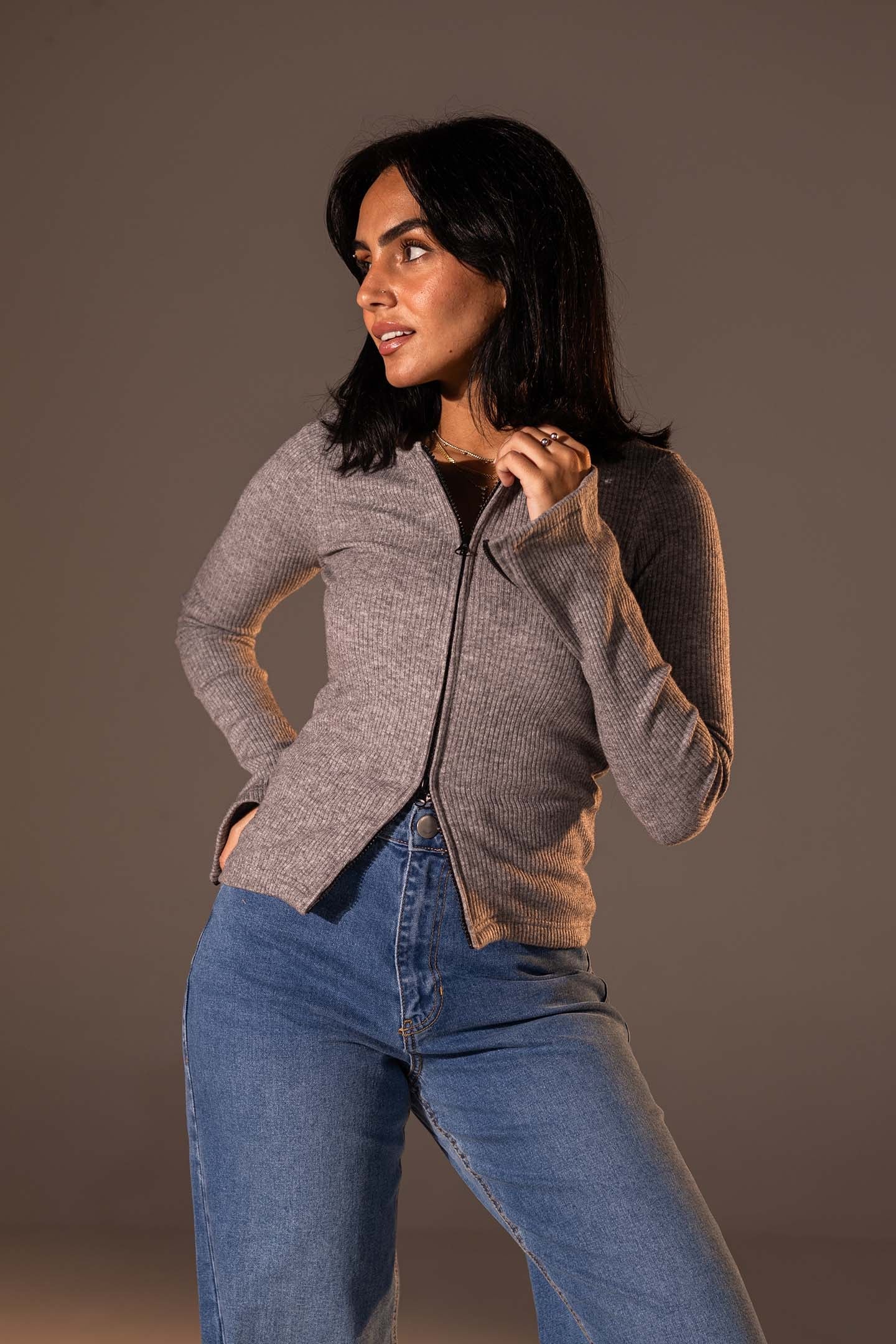 Grey Slim Fit Zip Knit Top
