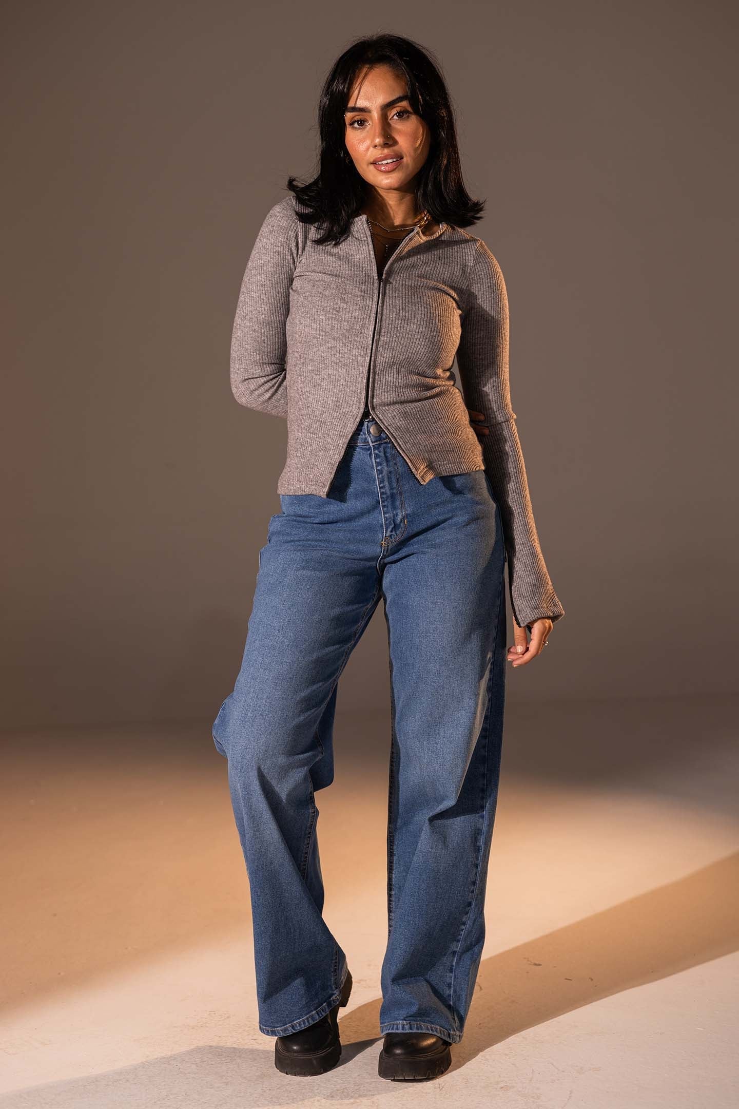 Grey Slim Fit Zip Knit Top