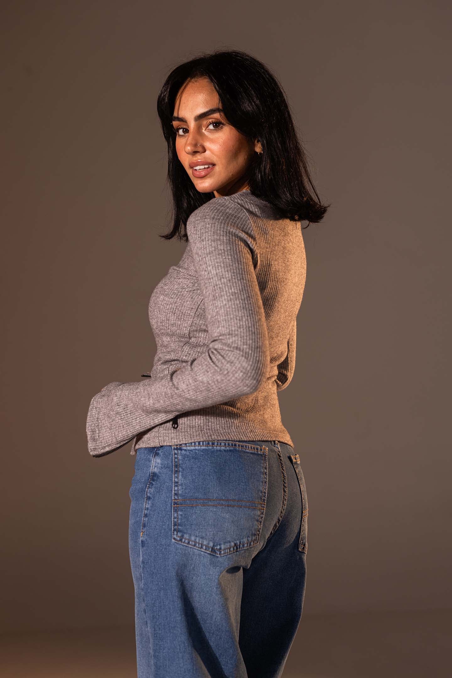 Grey Slim Fit Zip Knit Top