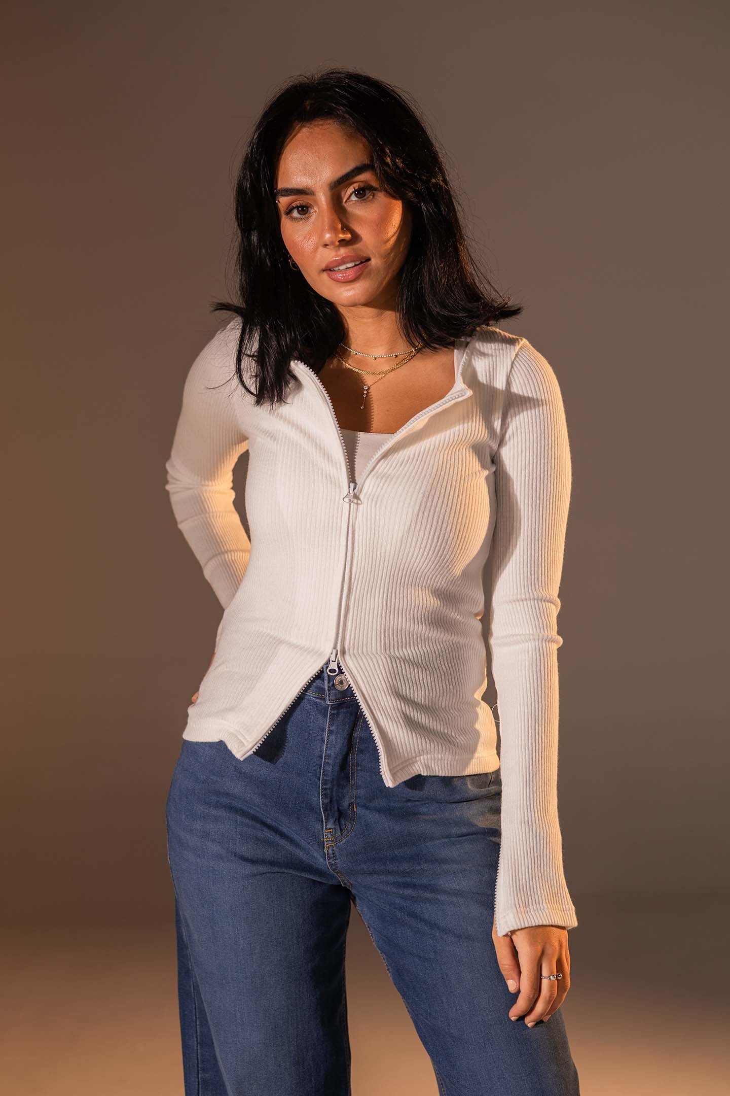 White Slim Fit Zip Knit Top