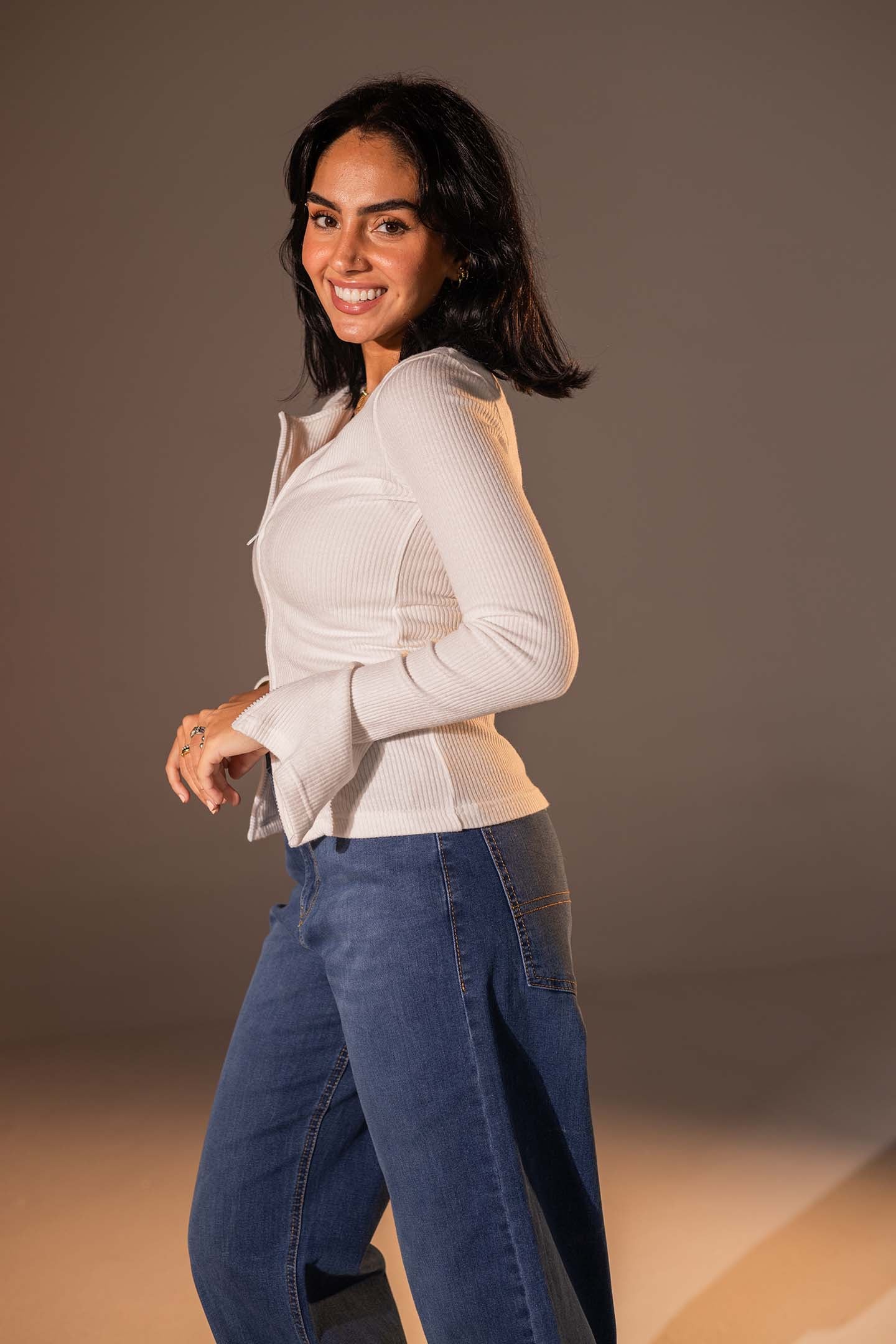 White Slim Fit Zip Knit Top