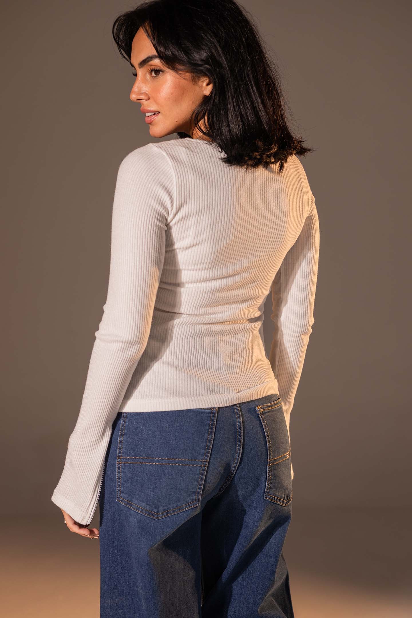 White Slim Fit Zip Knit Top