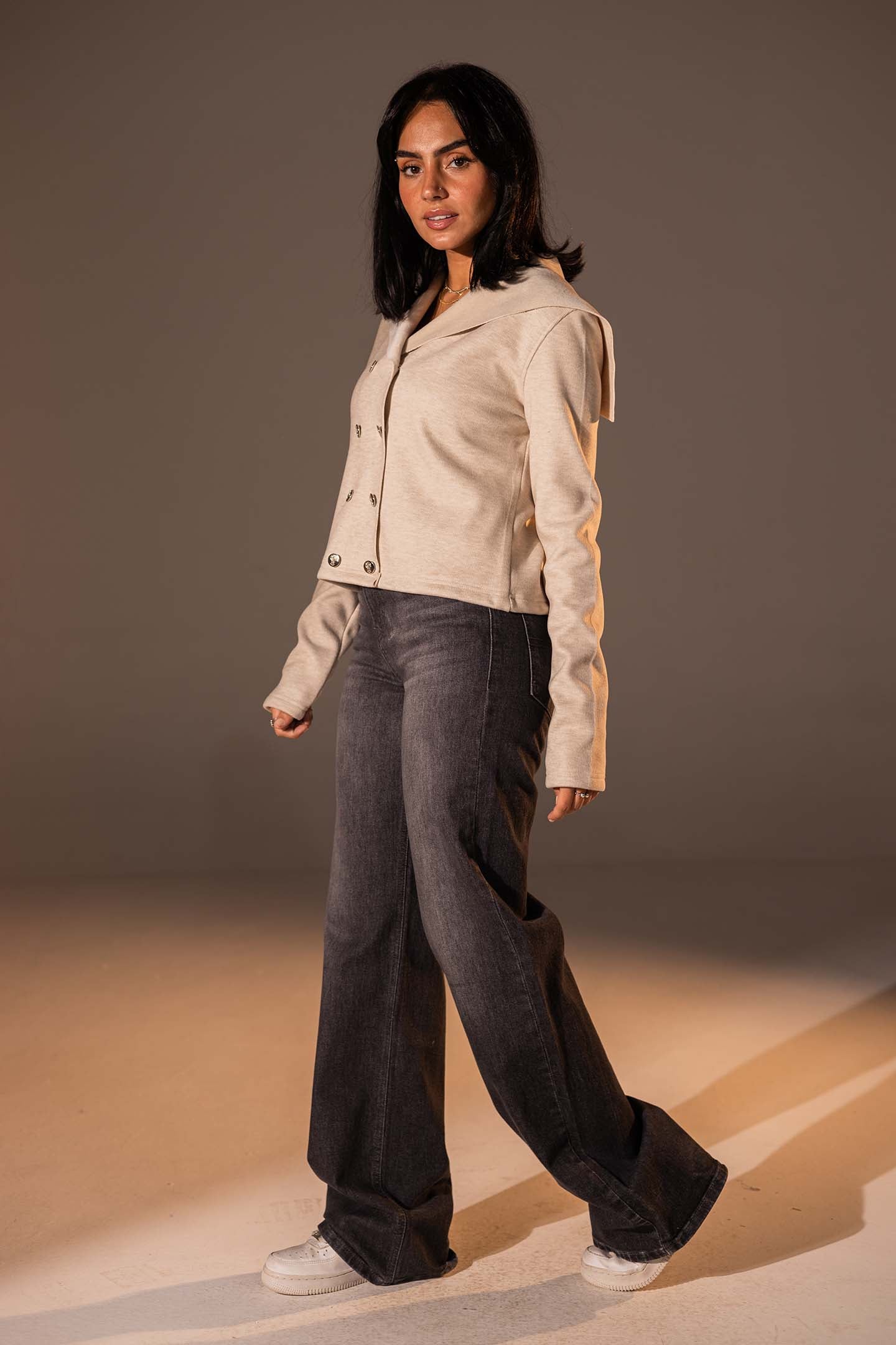 Beige Button-Up Wide Collar Knit Top