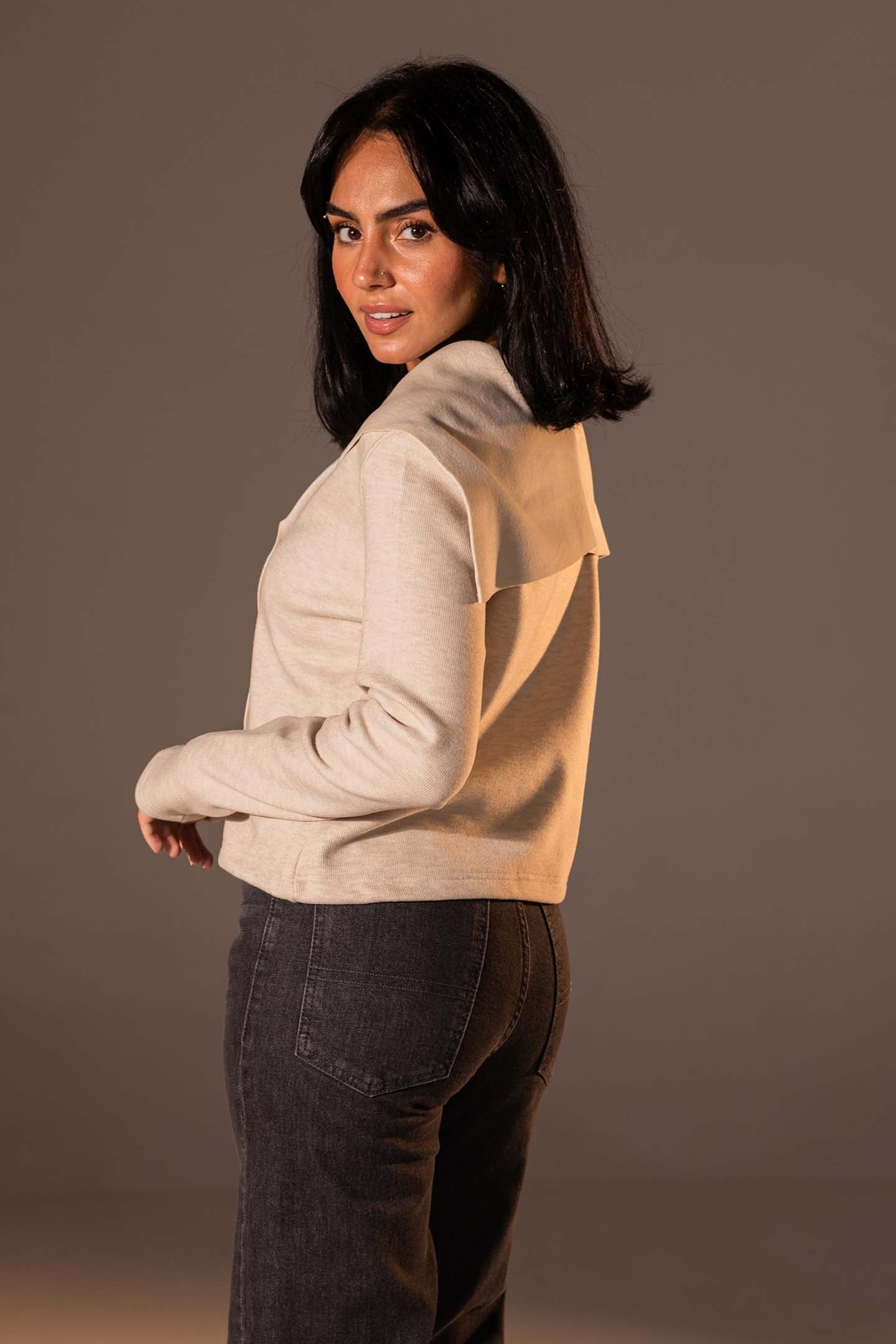 Beige Button-Up Wide Collar Knit Top