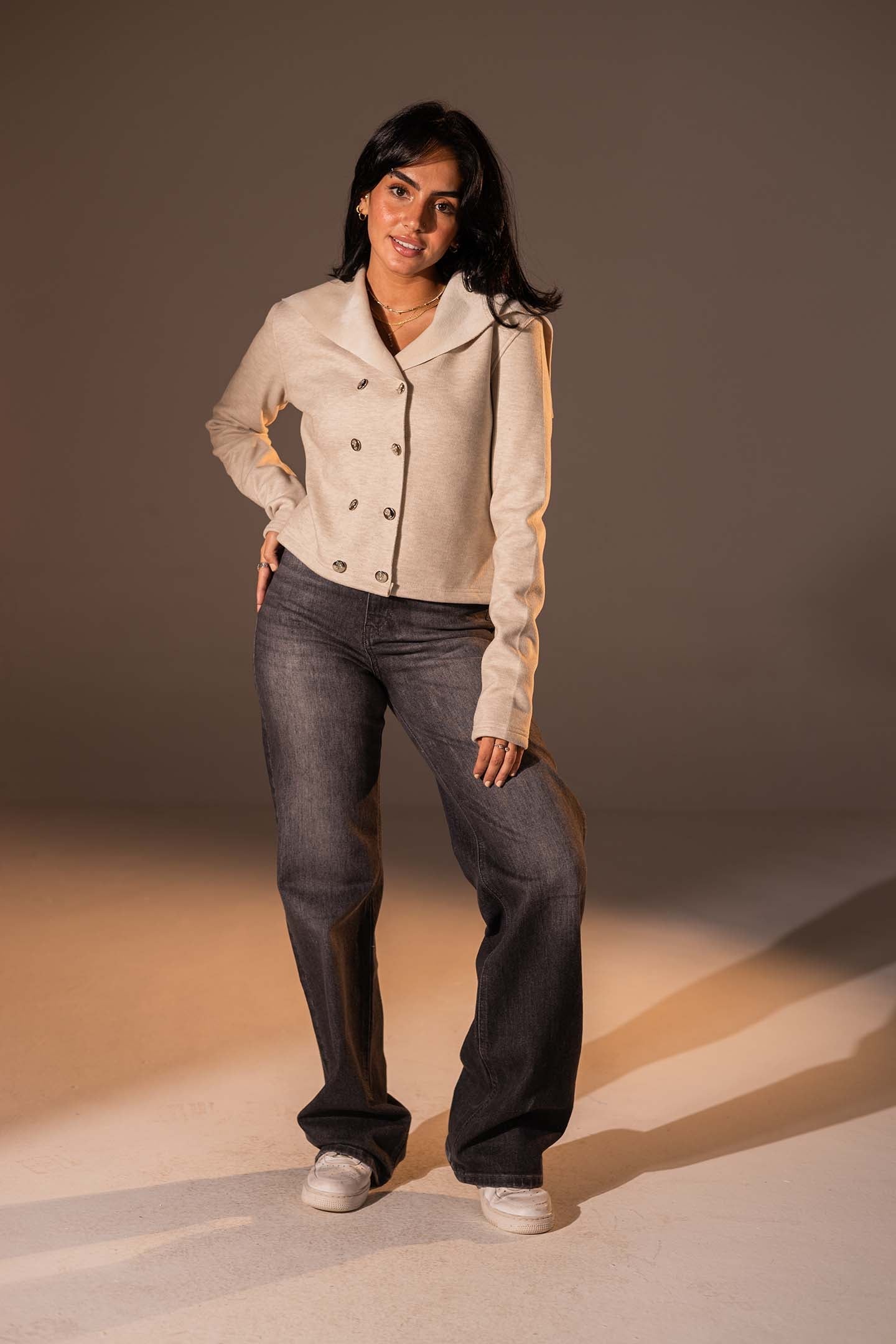 Beige Button-Up Wide Collar Knit Top