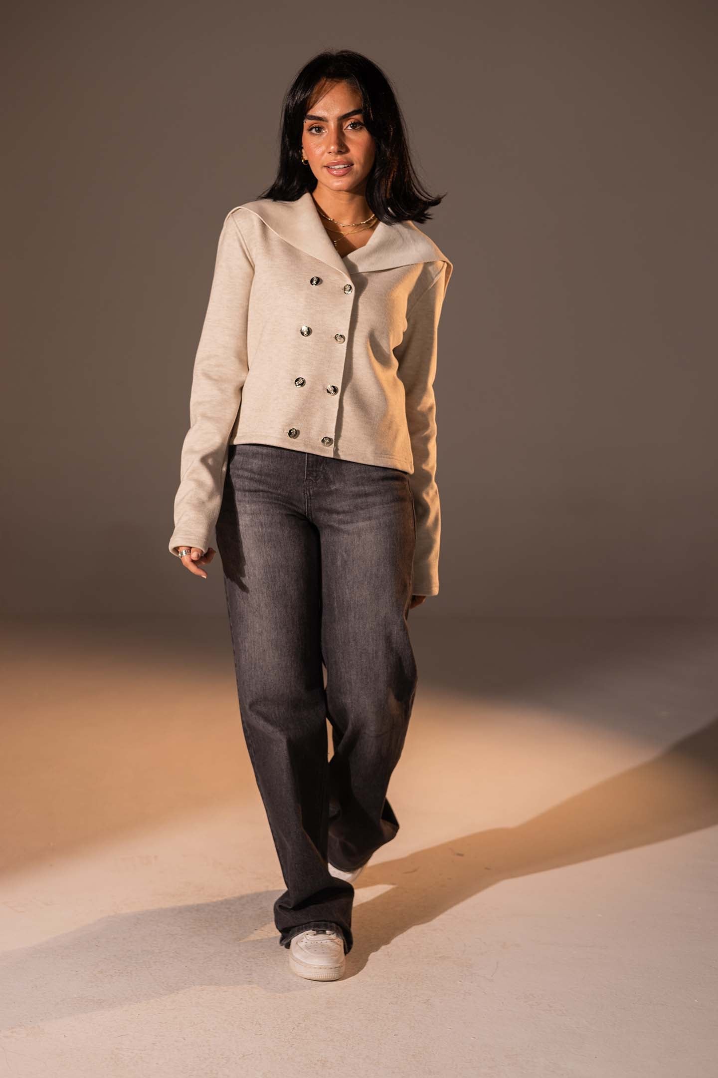 Beige Button-Up Wide Collar Knit Top