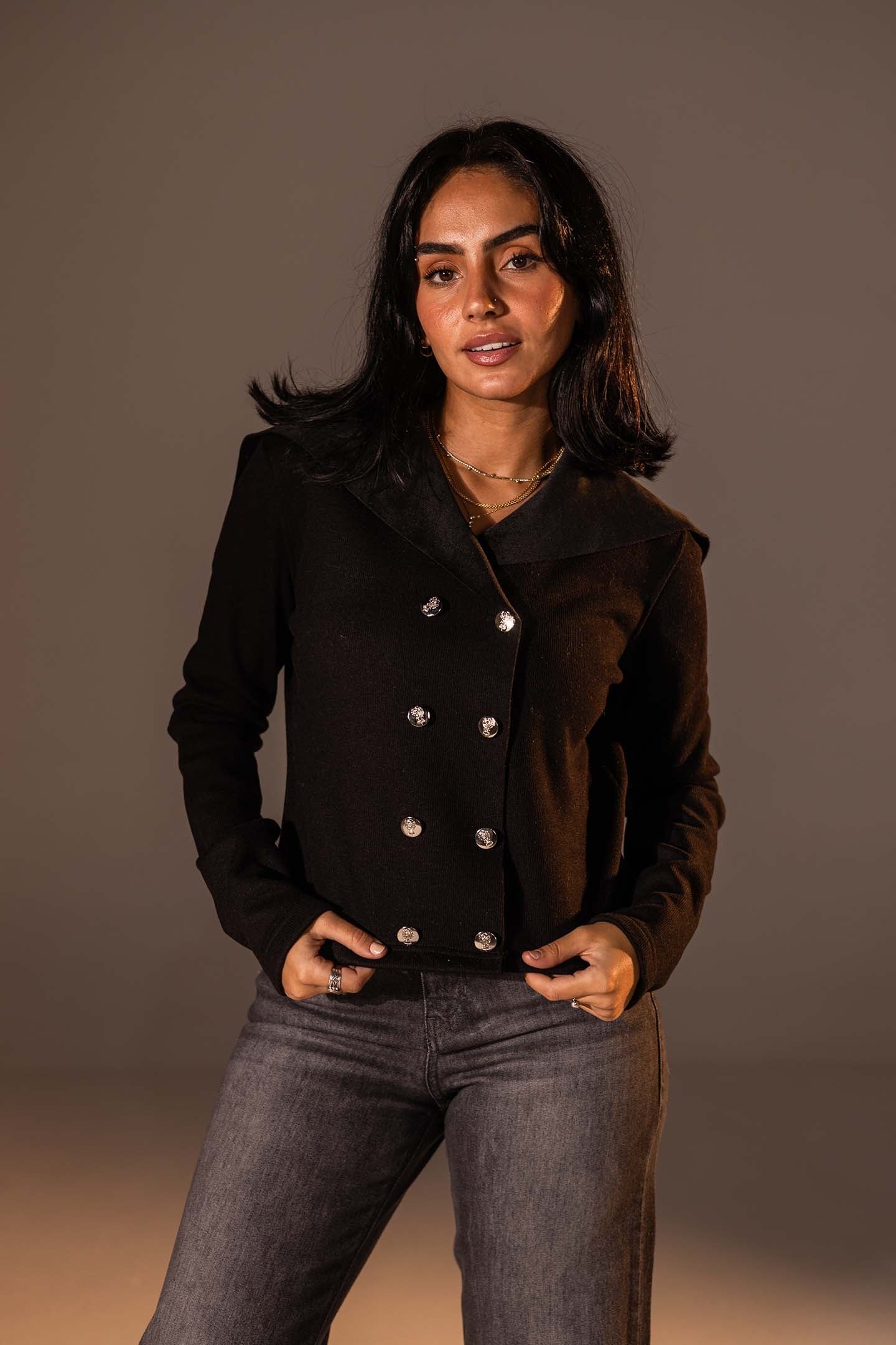 Black Button-Up Wide Collar Knit Top