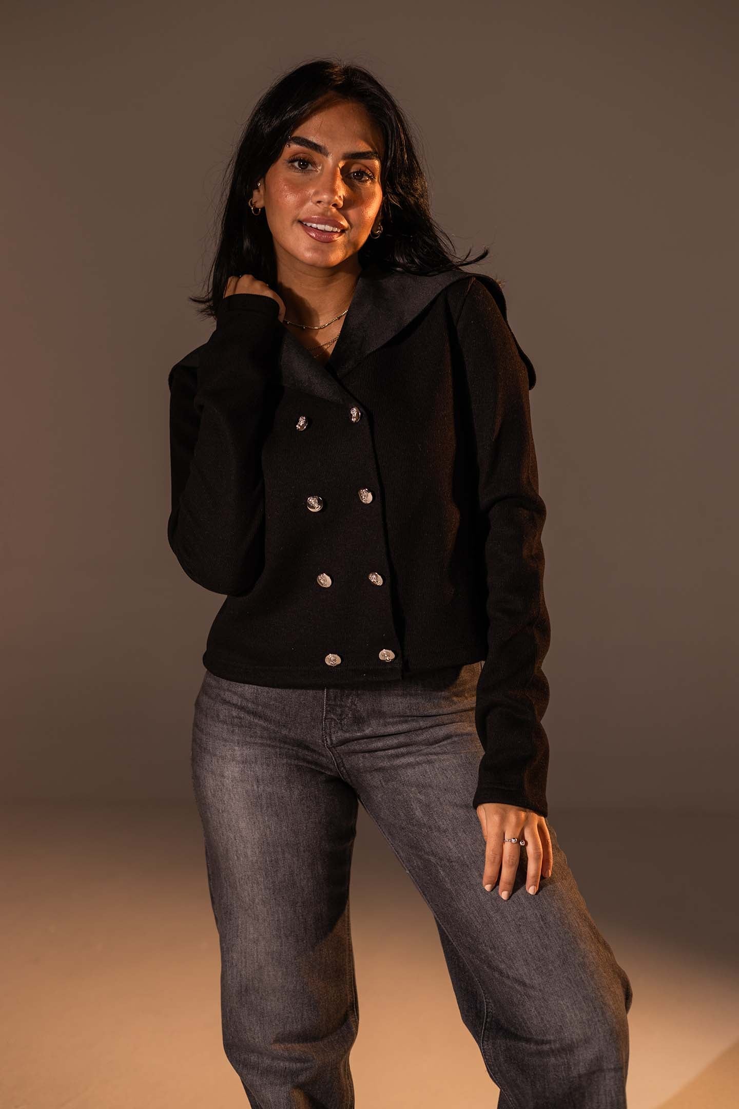 Black Button-Up Wide Collar Knit Top