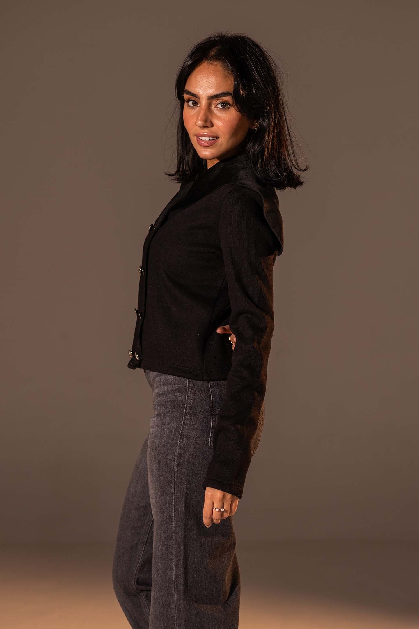 Black Button-Up Wide Collar Knit Top