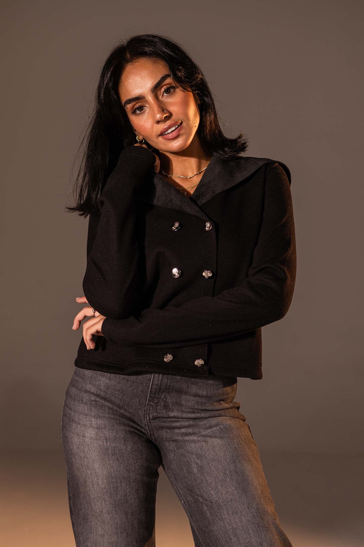 Black Button-Up Wide Collar Knit Top