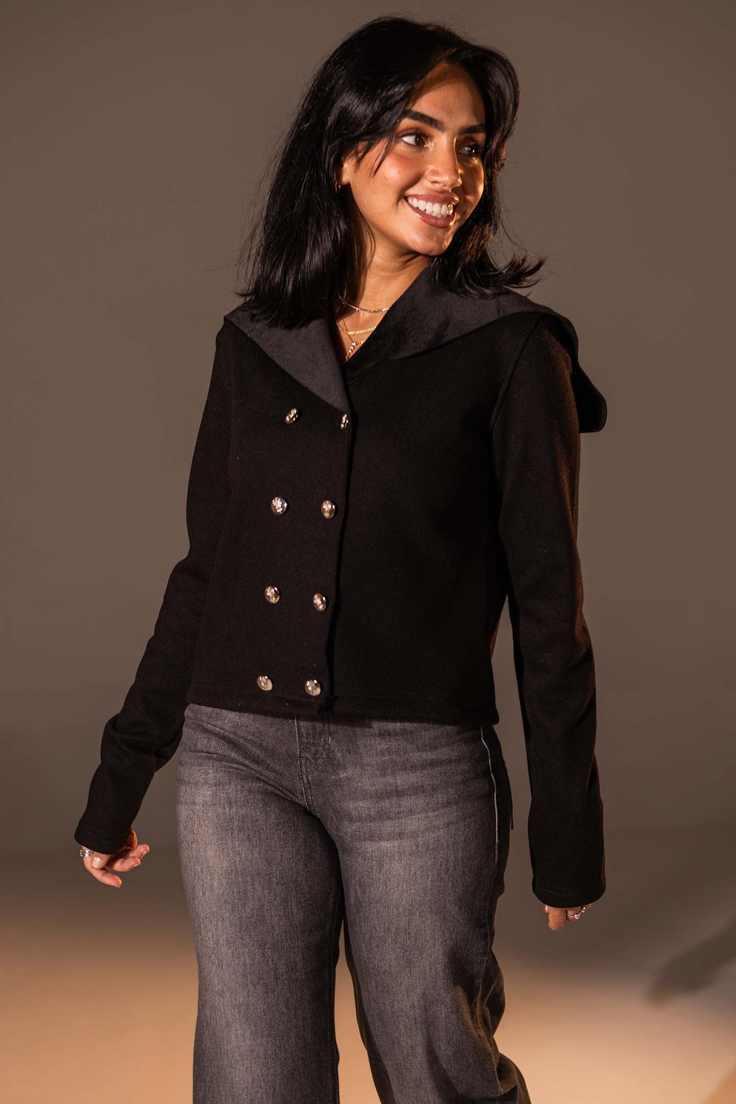 Black Button-Up Wide Collar Knit Top