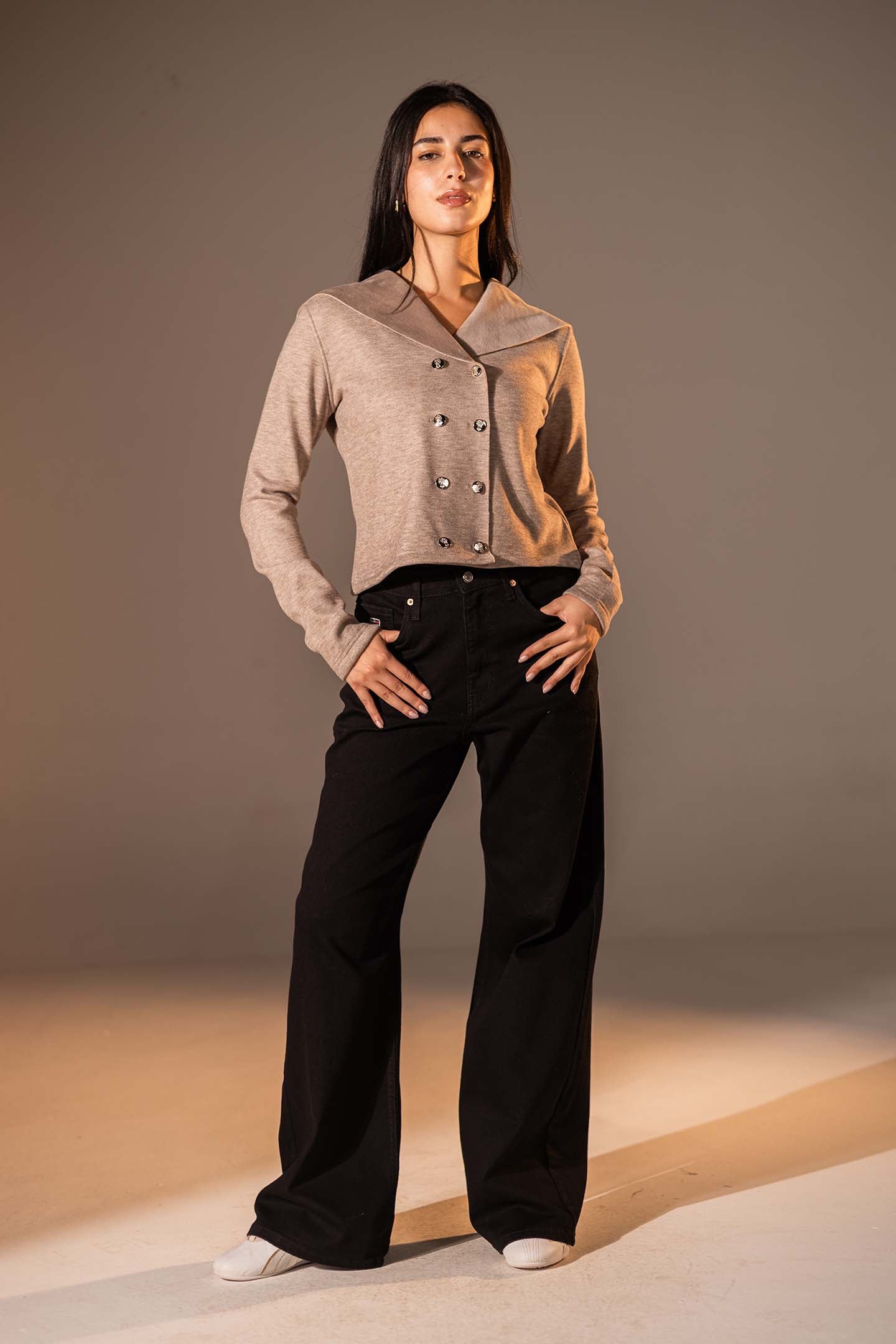 Coffe Button-Up Wide Collar Knit Top