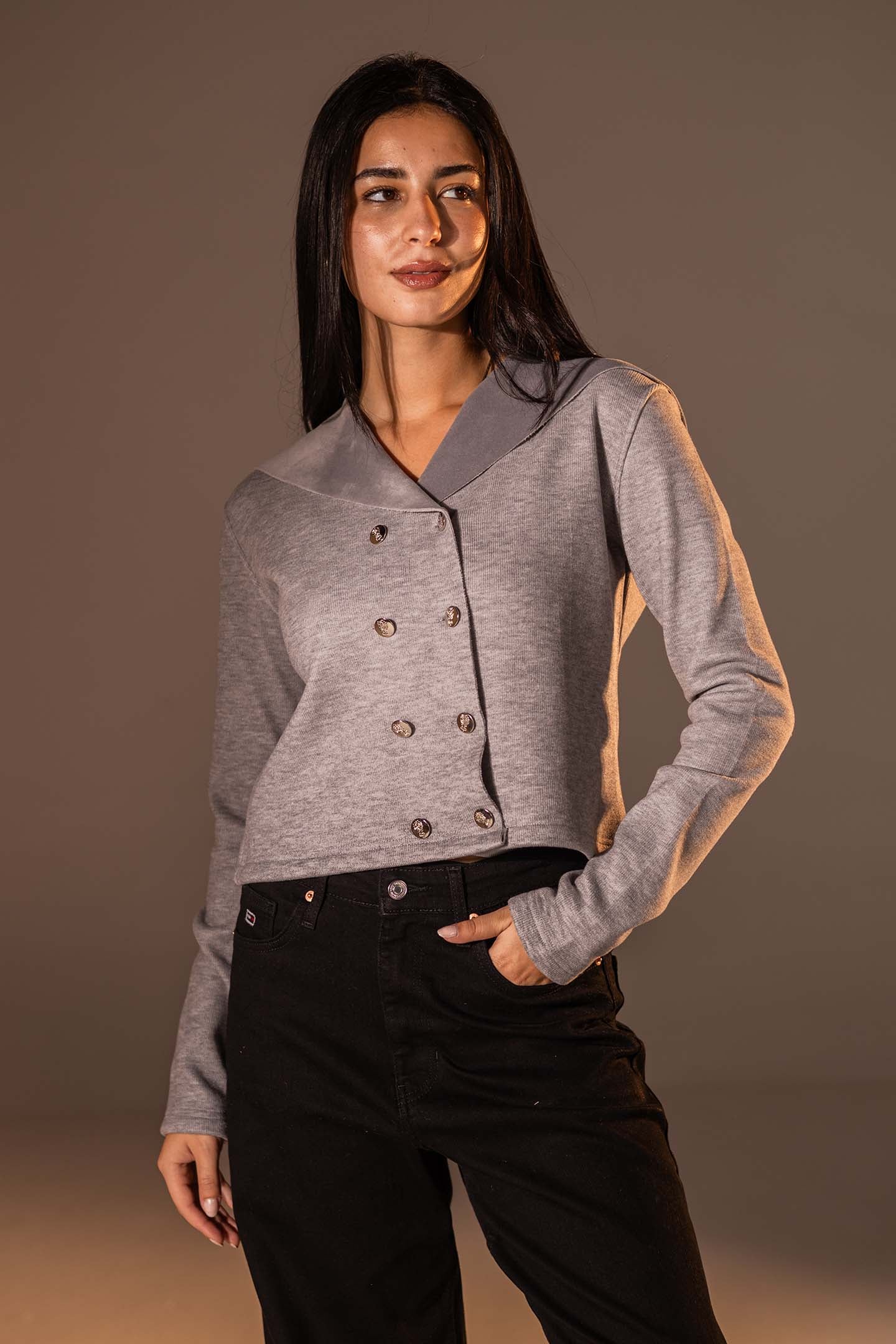 Grey Button-Up Wide Collar Knit Top