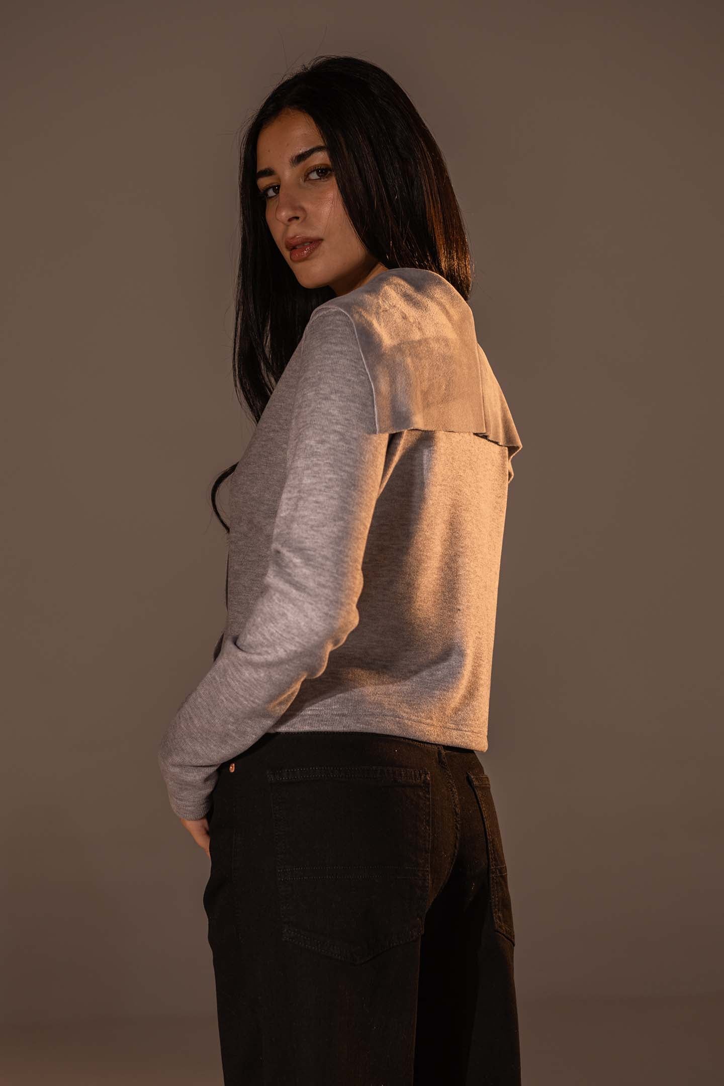 Grey Button-Up Wide Collar Knit Top