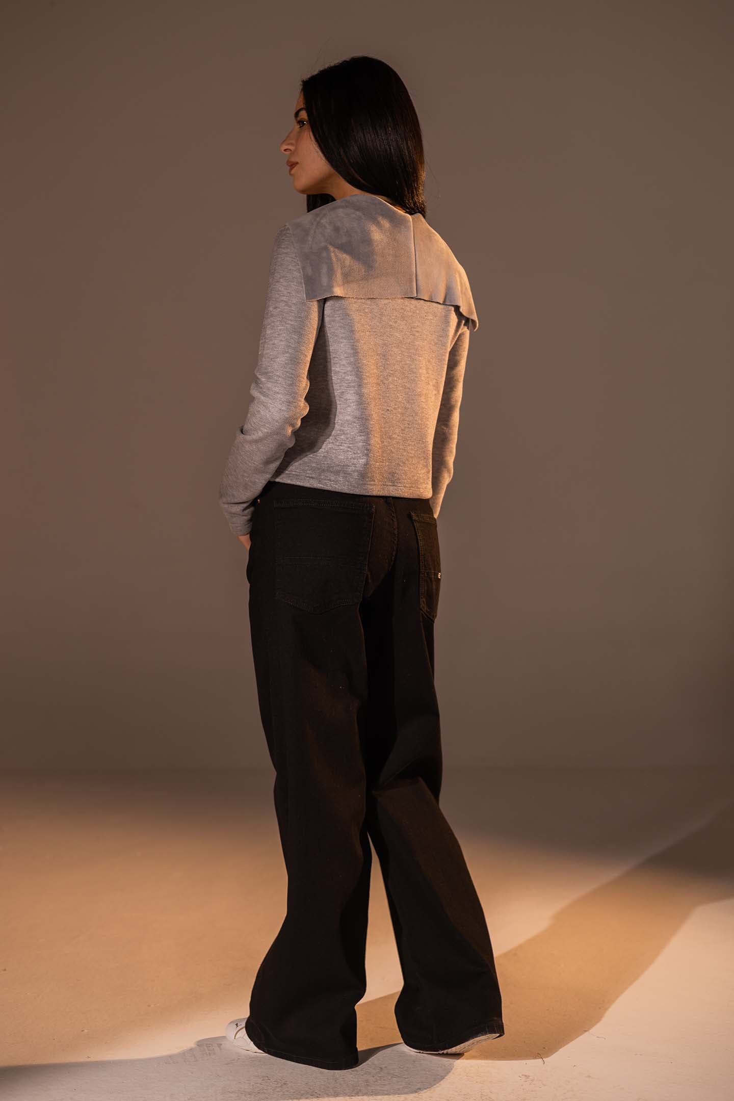 Grey Button-Up Wide Collar Knit Top