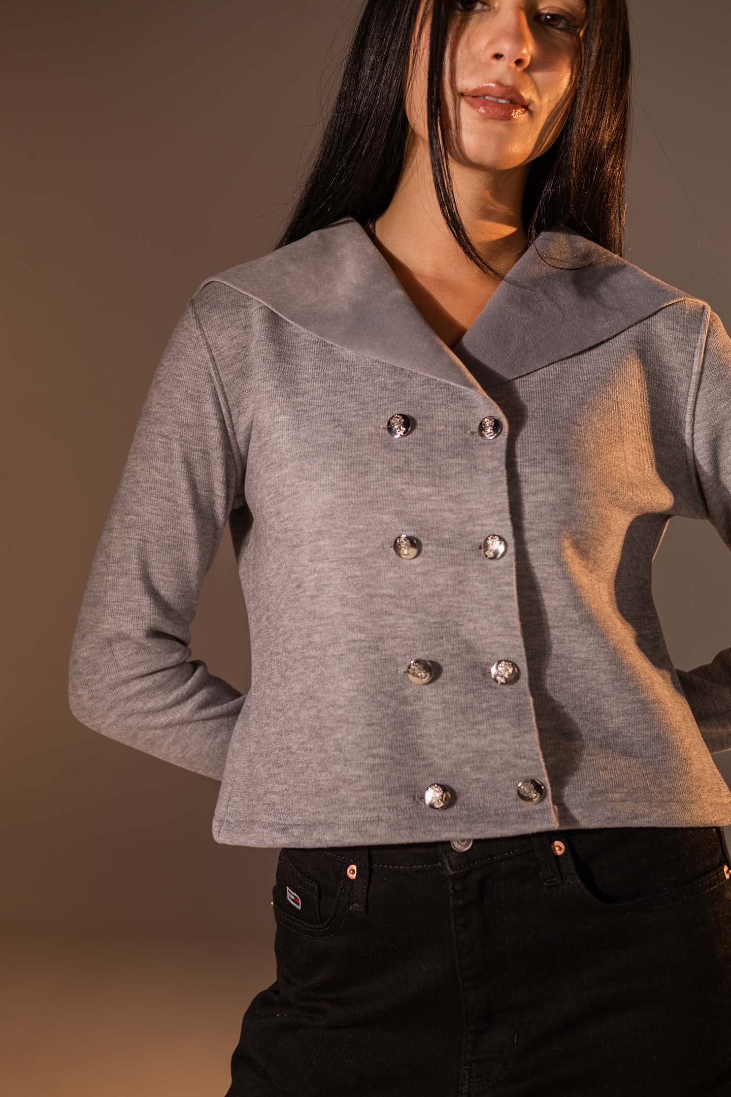 Grey Button-Up Wide Collar Knit Top