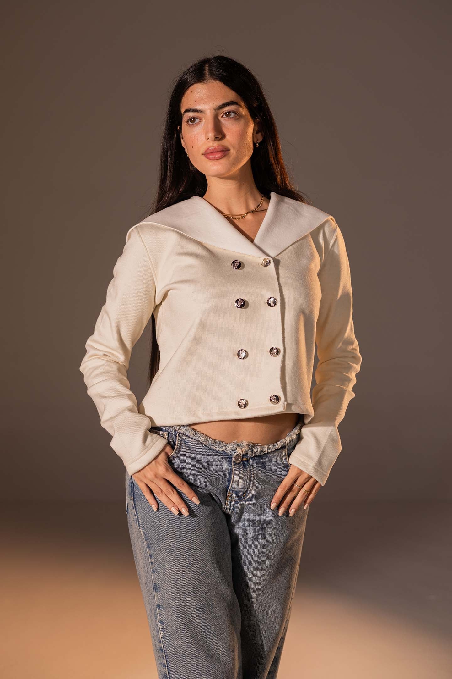 Off White Button-Up Wide Collar Knit Top