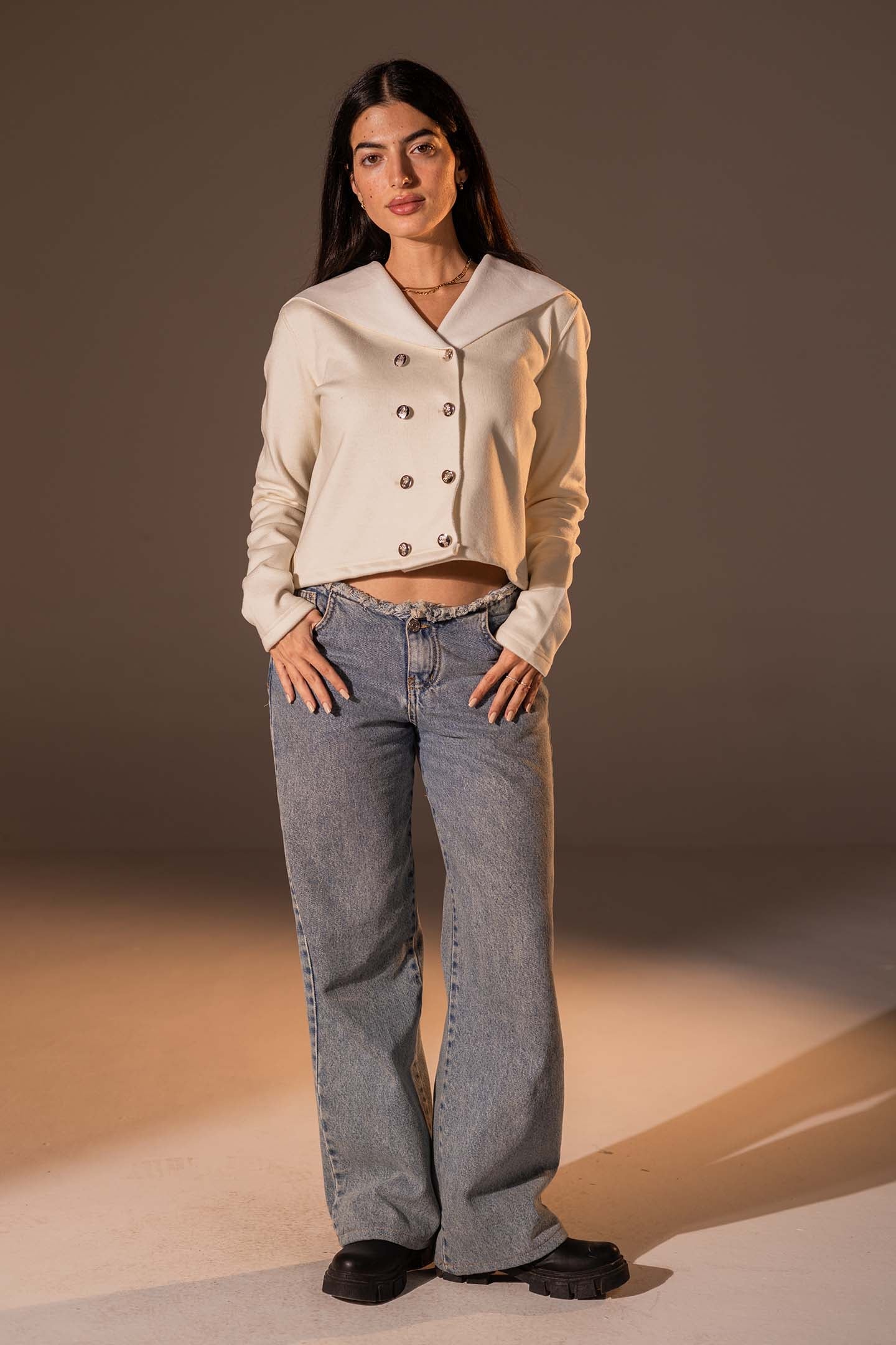 Off White Button-Up Wide Collar Knit Top