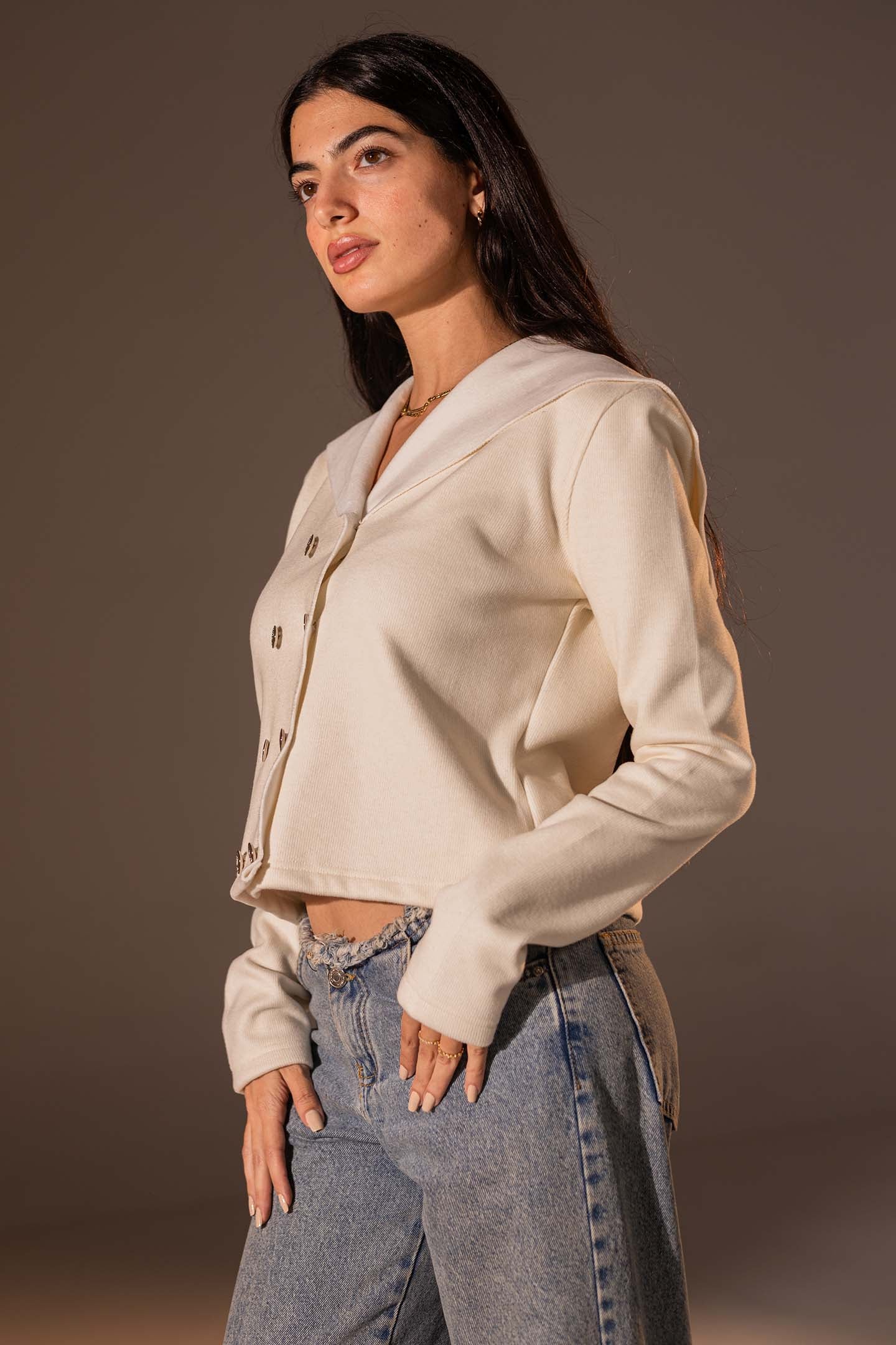 Off White Button-Up Wide Collar Knit Top