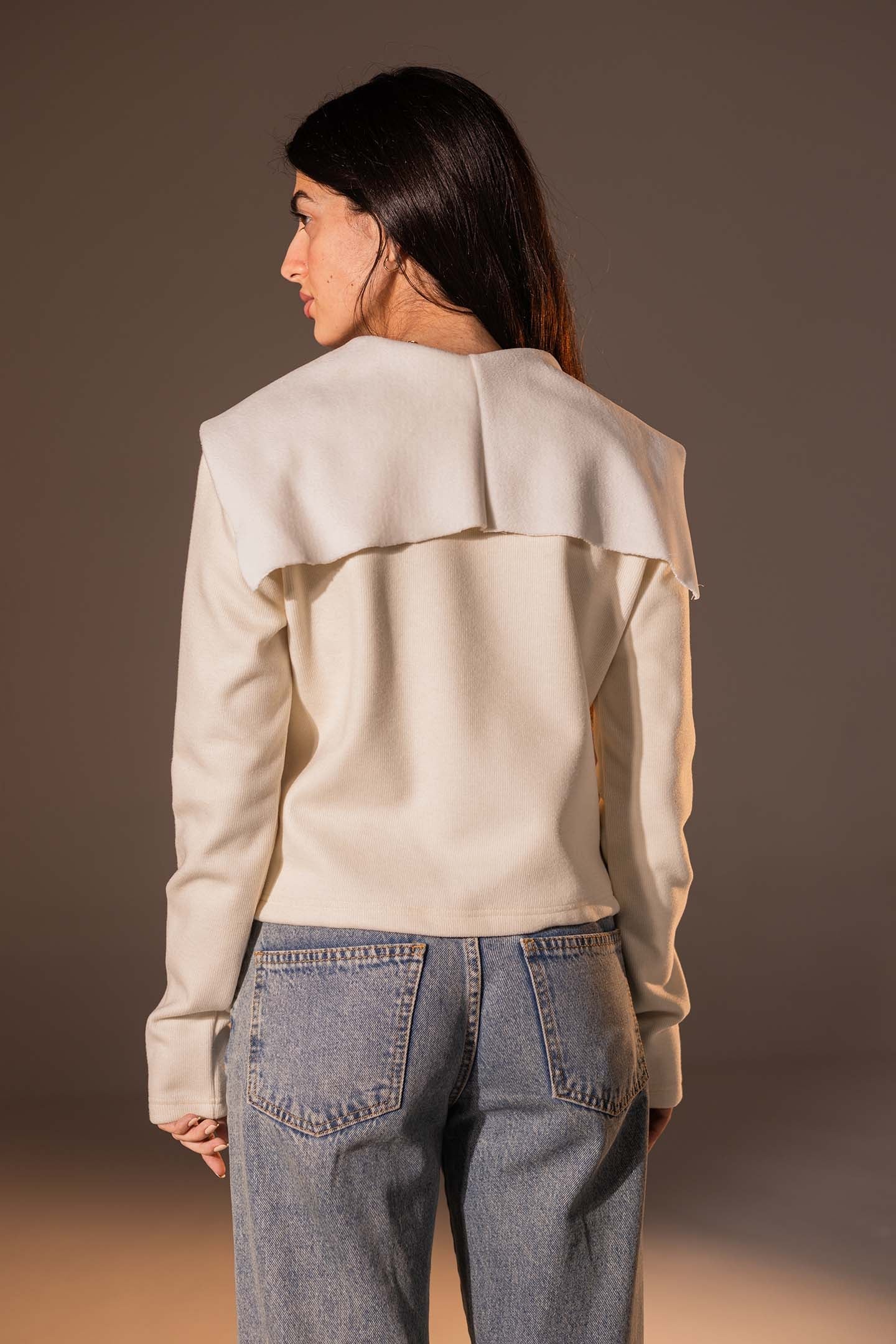 Off White Button-Up Wide Collar Knit Top