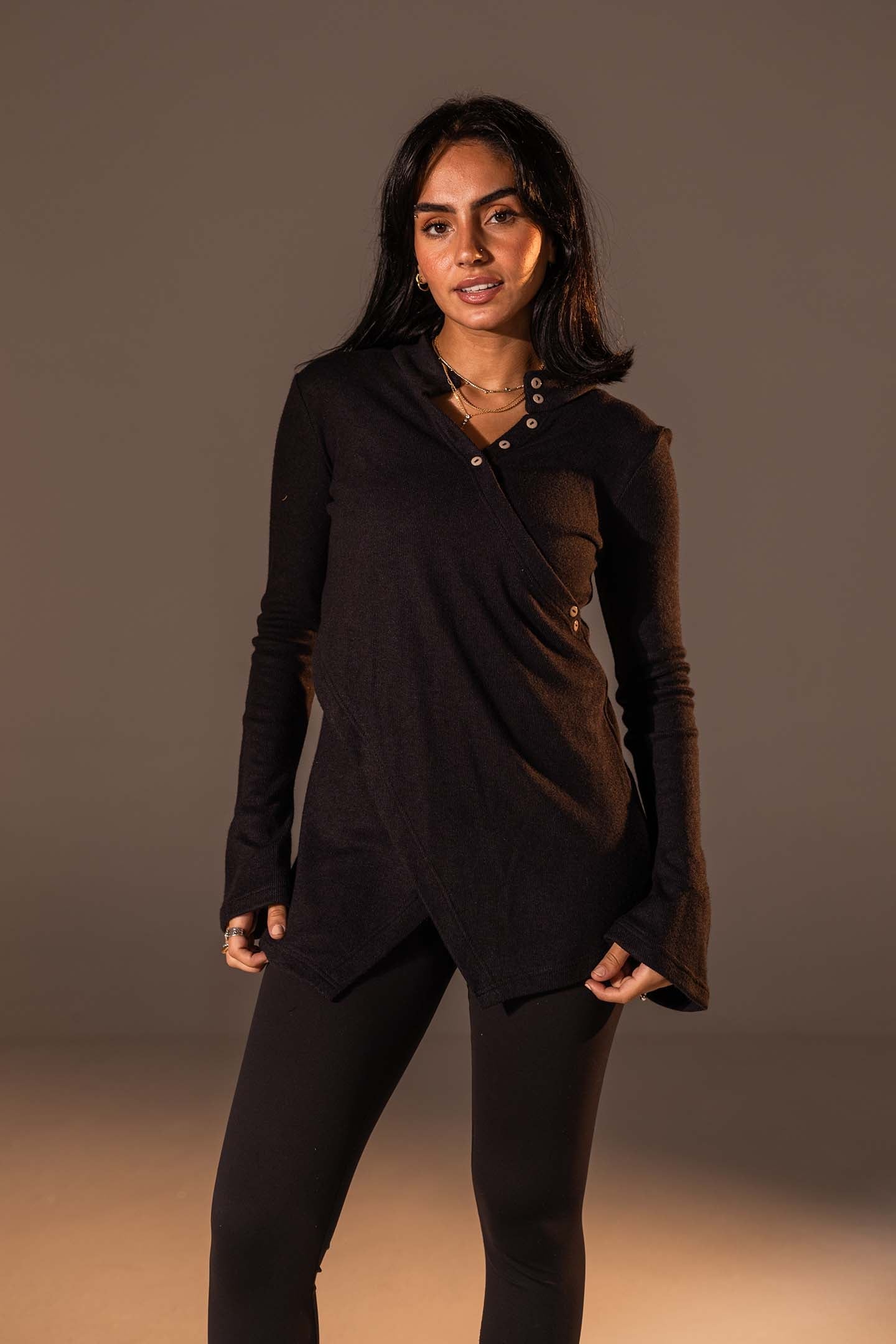 Black Wrap-Style Knit Top