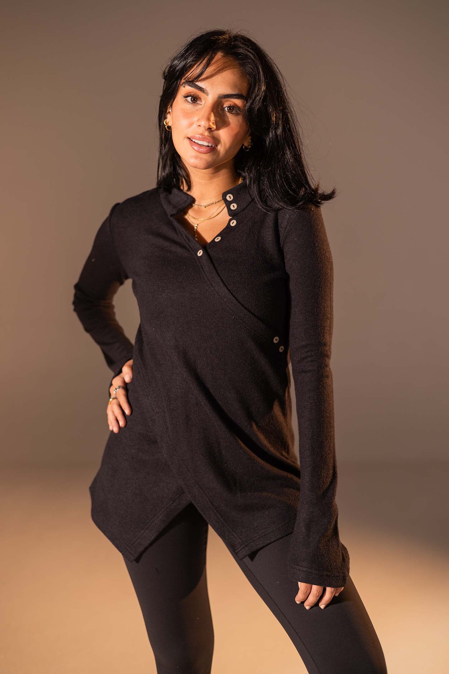 Black Wrap-Style Knit Top