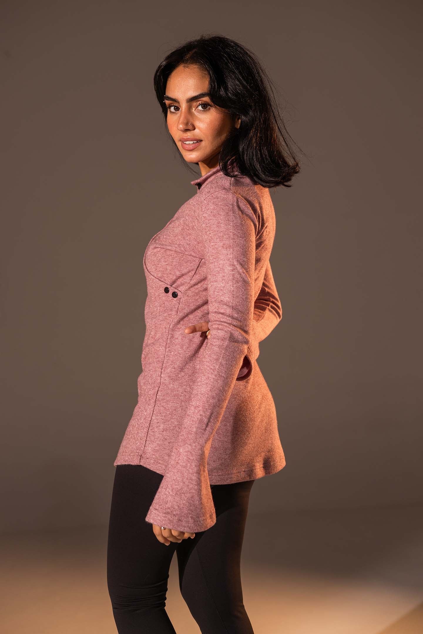 Dusty Rose Wrap-Style Knit Top