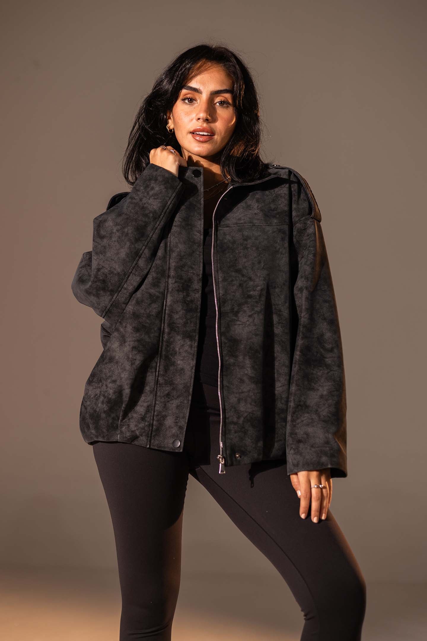 Black Washed Zip-Up Leather Jacket