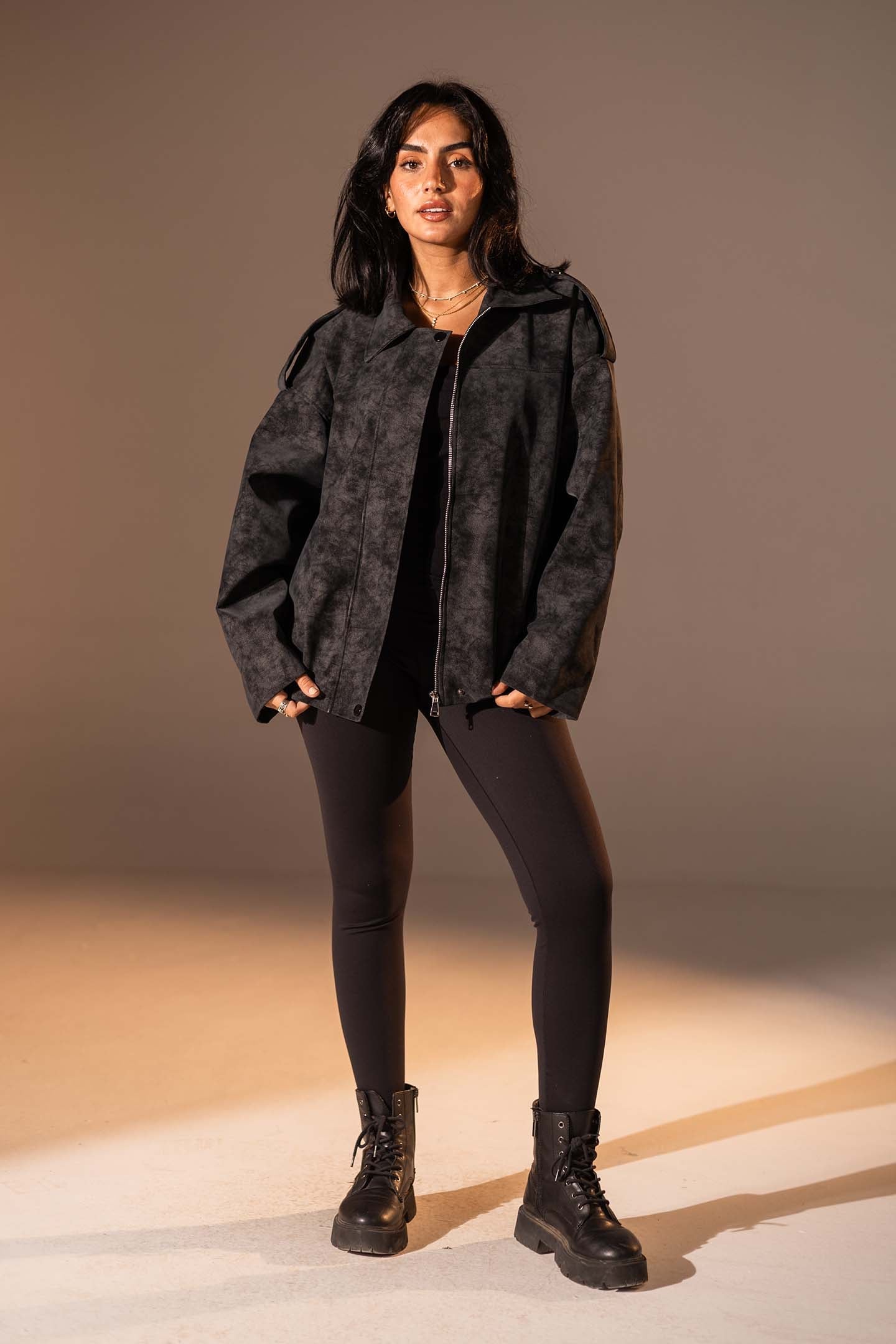 Black Washed Zip-Up Leather Jacket