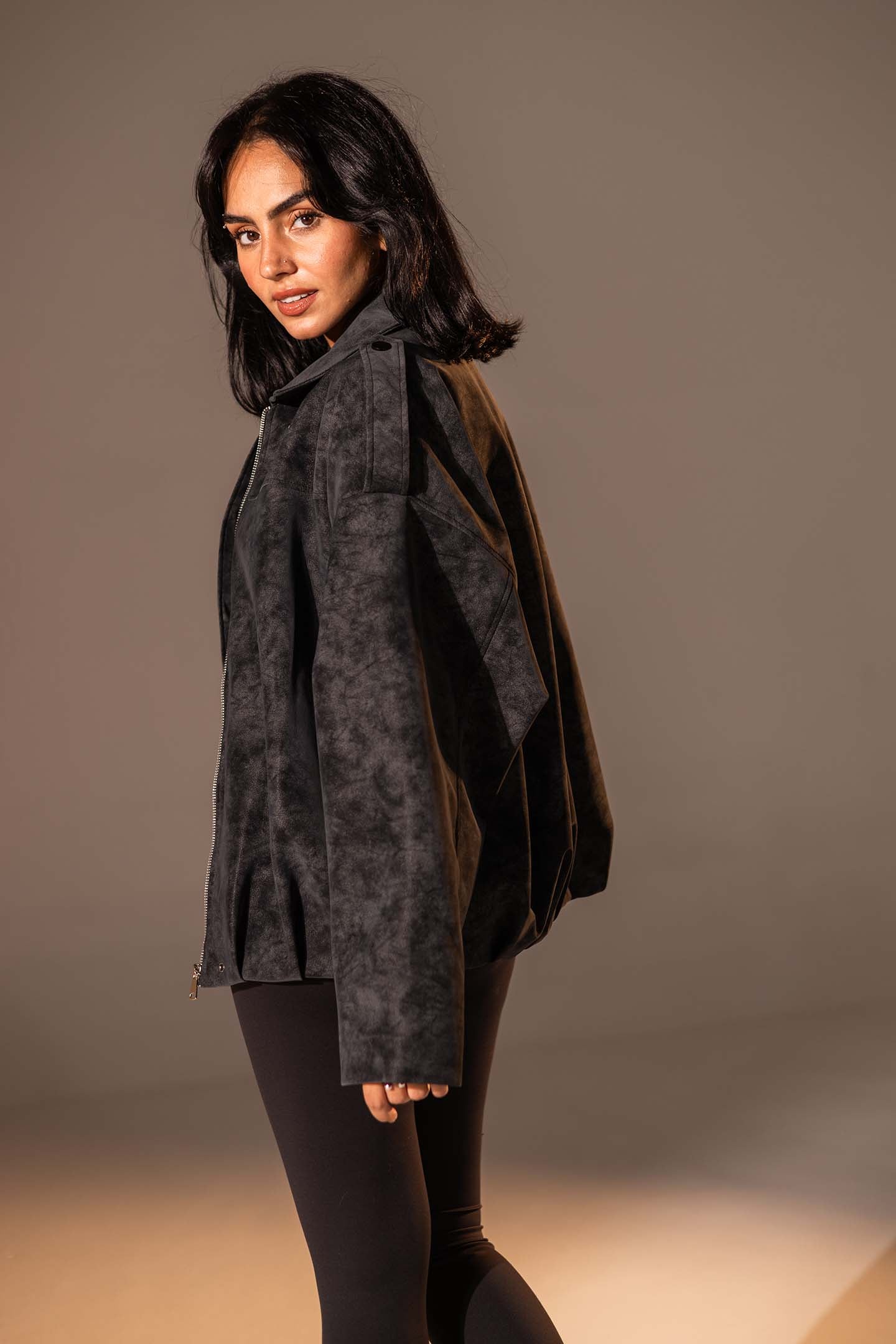 Black Washed Zip-Up Leather Jacket