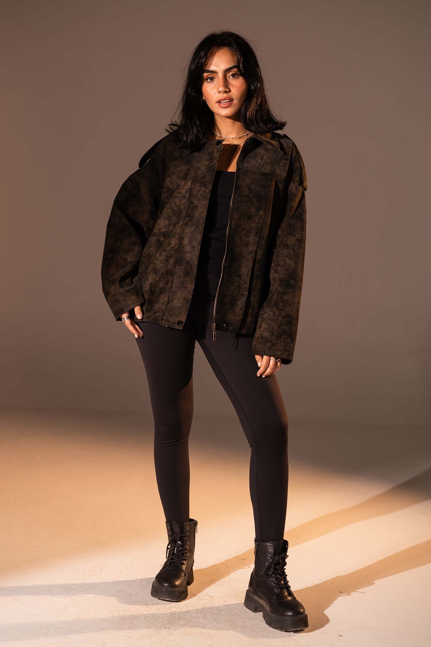 Brown Washed Zip-Up Leather Jacket