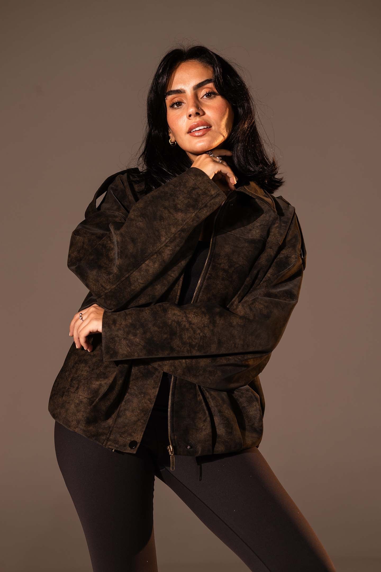 Brown Washed Zip-Up Leather Jacket