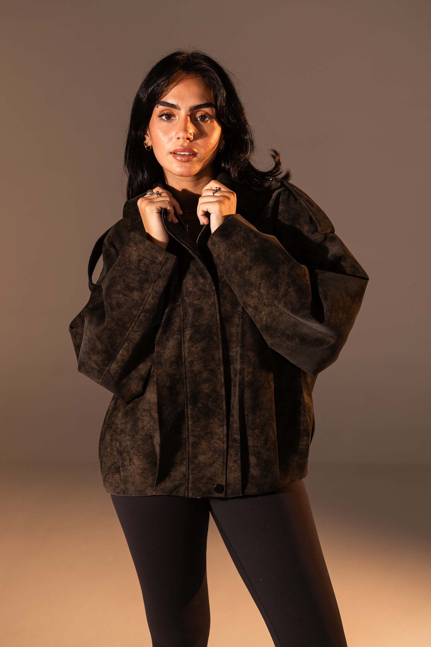 Brown Washed Zip-Up Leather Jacket